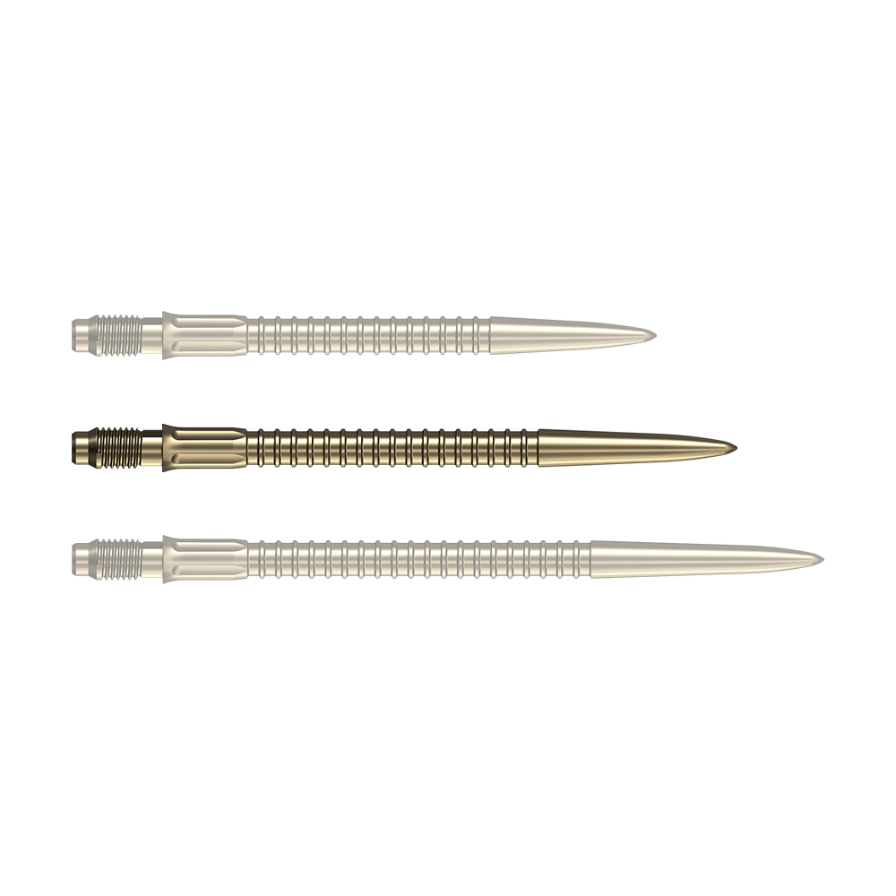 Puntas de dardo Mission R2.5 Rapid Point GV1 - Oro Eine goldene Dartspitze mit einer Länge von 35mm ist auf dem Foto zu erkennen. Ideal für Dartspieler zur Erneuerung der Pfeile.