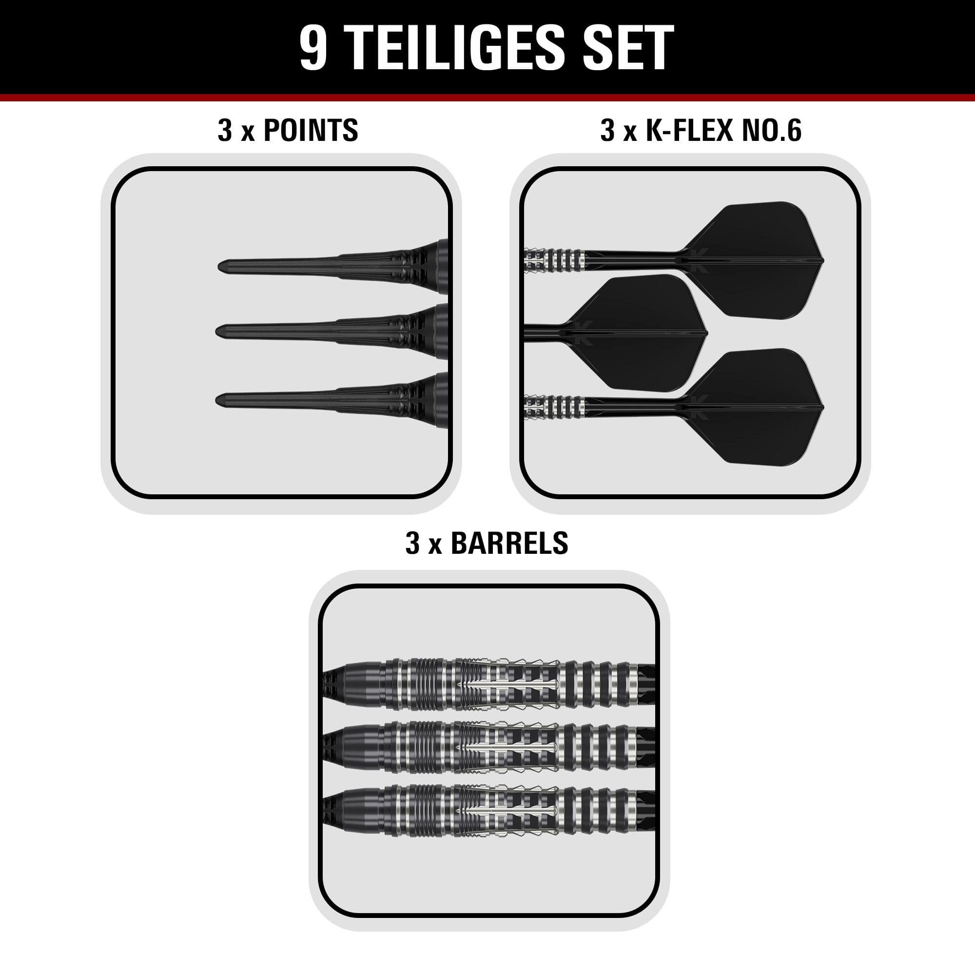 Dardos blandos Target Black Marque Blaze - 18 g Gezeigt werden die Target Black Marque Blaze Softdarts mit 18g Gewicht. Diese Softdarts sind für ambitionierte Spieler entworfen.