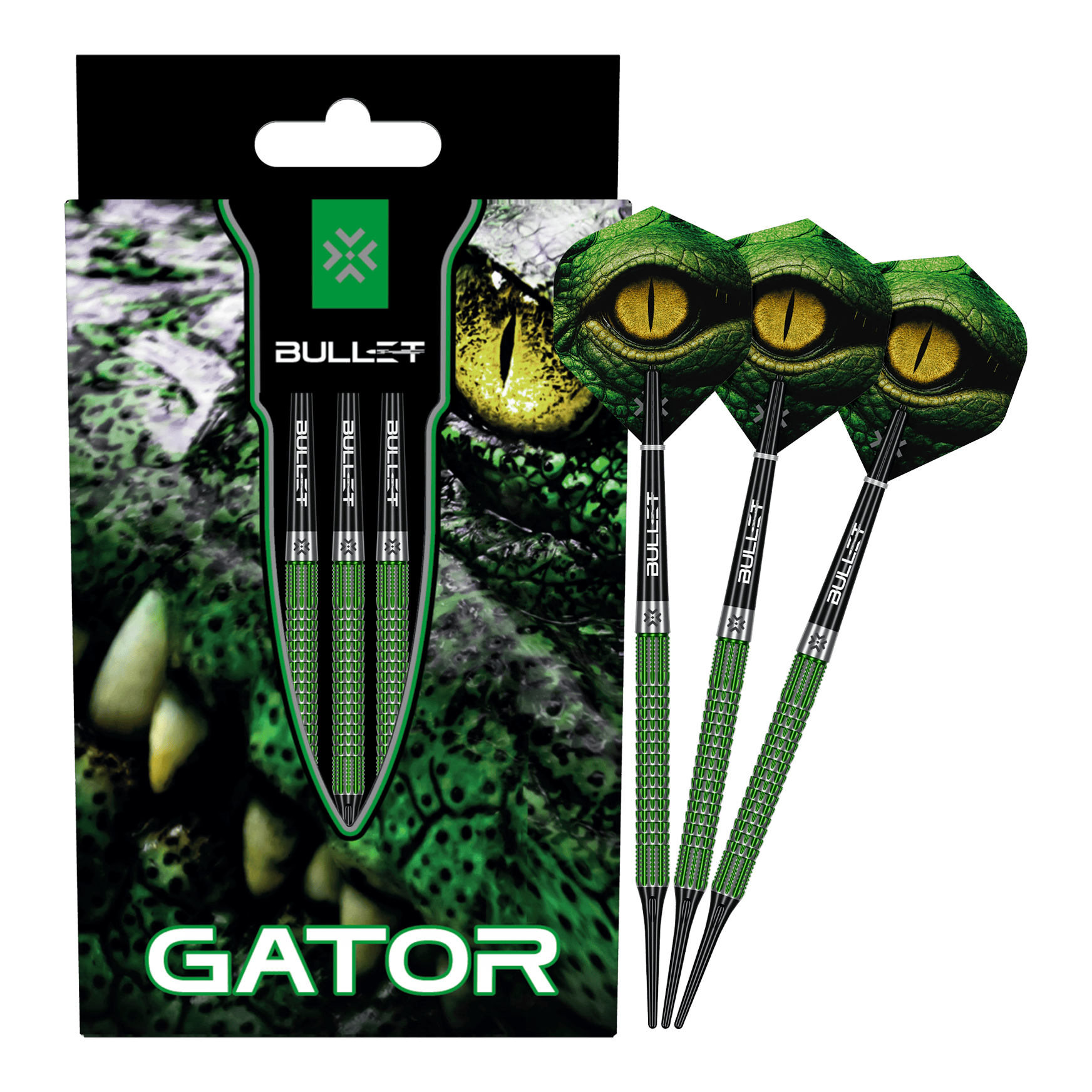 Dardos blandos Bullet Gator - 20 g Die Abbildung zeigt das Produkt Bullet Gator Softdarts - 20g. Es handelt sich um ein Set von Softdarts mit einem Gewicht von 20 Gramm.