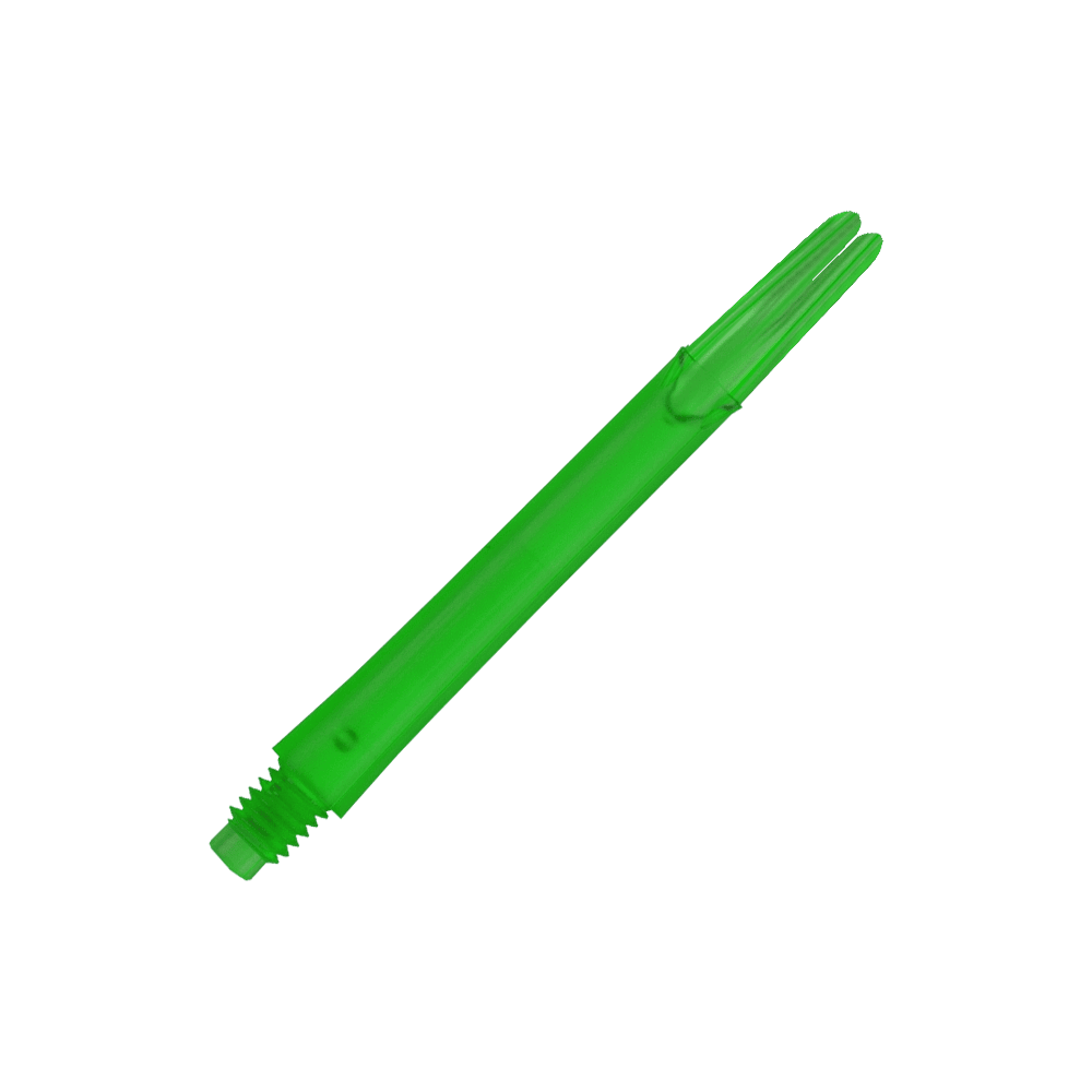 Ejes en L estilo L bloqueados rectos - Verde Das Bild zeigt einen geraden, grünen Dart-Schaft ohne Kappen. Der Schaft hat ein Gewinde an einem Ende und ist durchsichtig.