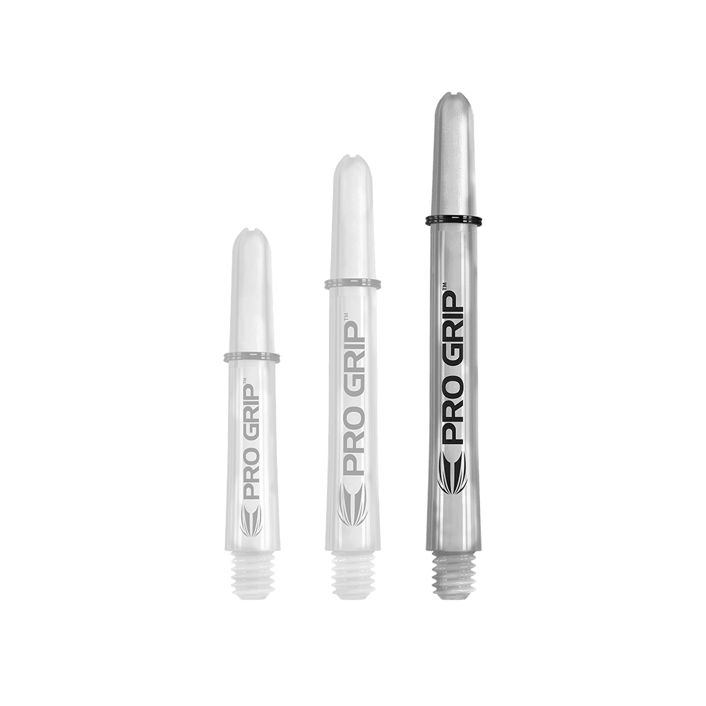 Varillas Target Pro Grip - 3 juegos - Transparentes Das Bild zeigt drei transparente Pro Grip Shafts in unterschiedlichen Längen. Sie sind mit der Aufschrift "PRO GRIP" und einem schwarzen Logo versehen.
