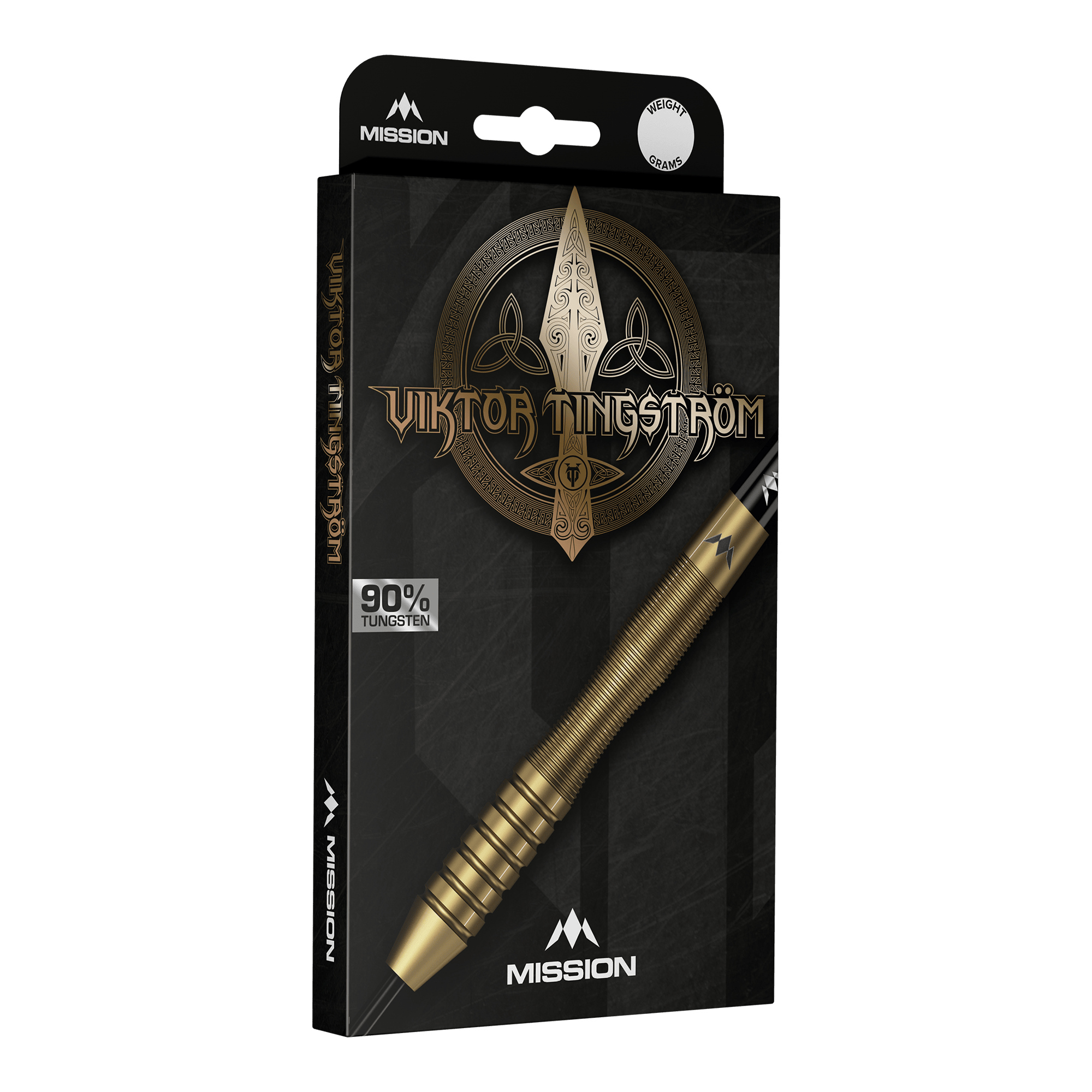 Dardos Mission Viktor Tingstrom Gold Steel - 22 g Mission Viktor Tingstrom Gold Steeldarts - 22g, mehrere Dartpfeile werden präsentiert. Die goldene Farbgebung und das spezielle Design sind erkennbar.