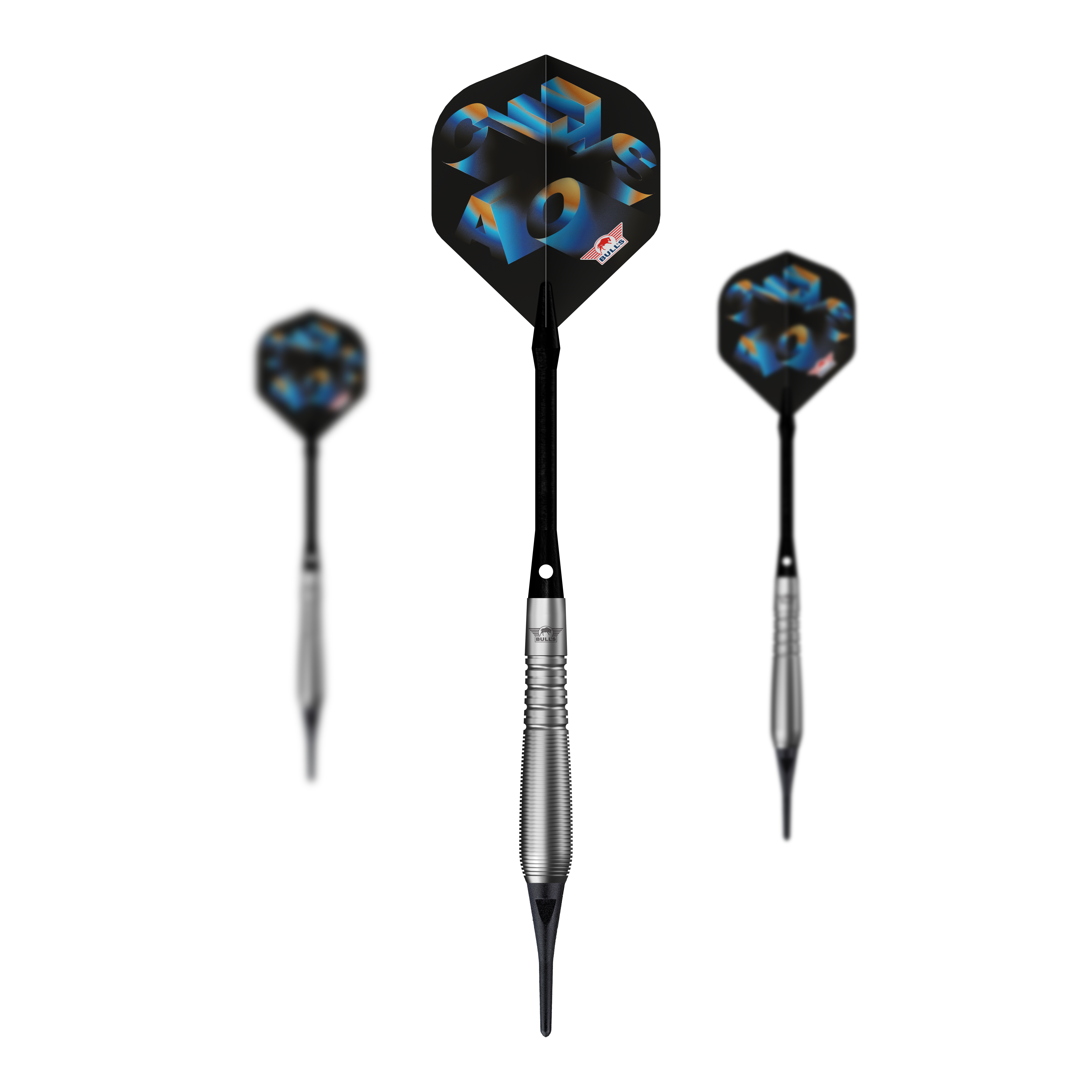 Dardos blandos Bulls NL Chaos azules - 19 g Abgebildet ist ein Set Bulls NL Chaos Blue Softdarts mit 19g. Die Softdarts sind blau und werden als komplettes Set präsentiert.