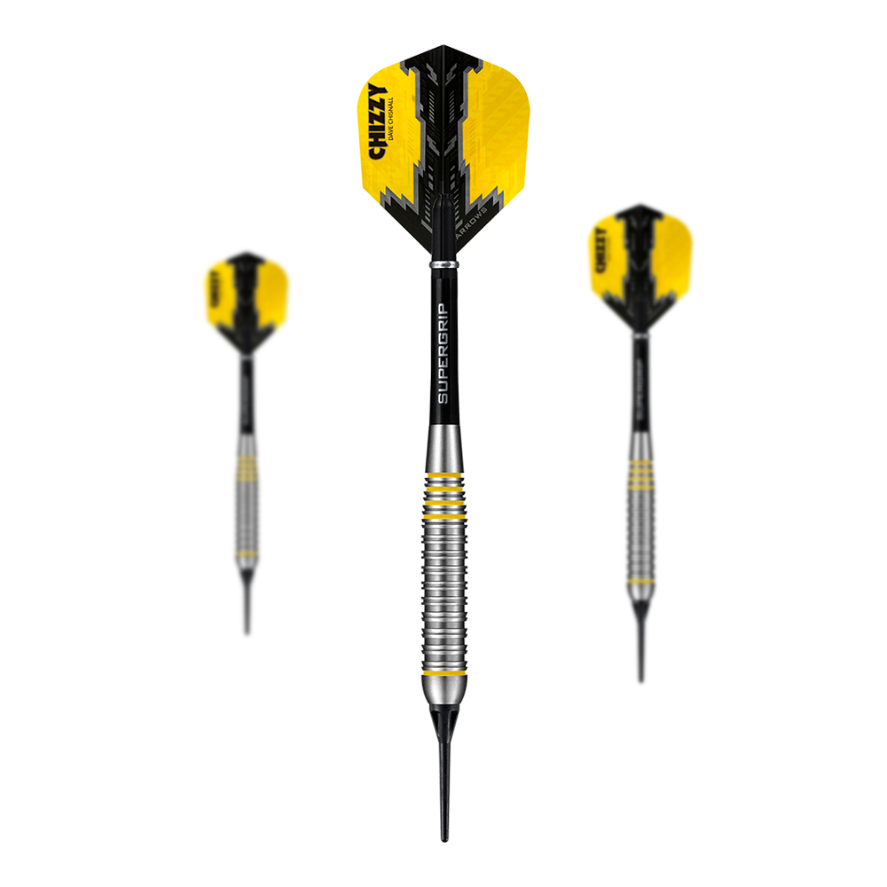Dardos blandos Chizzy Brass de Dave Chisnall de Harrow Das Bild zeigt drei Harrows Dave Chisnall Chizzy Brass Softdarts. Die Pfeile haben gelb-schwarze Flights und einen geriffelten silbernen Barrel.