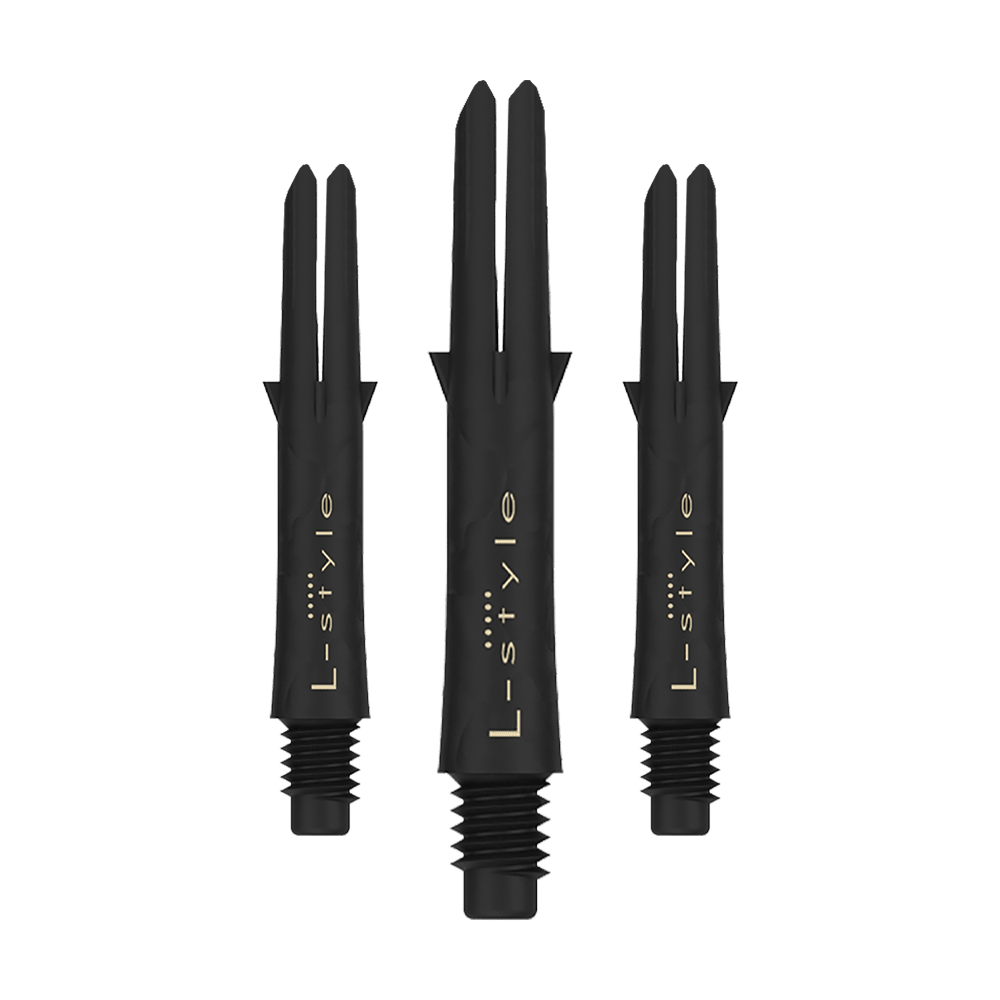Ejes de carbono estilo L Das Bild zeigt drei schwarze Carbon Shafts für Dartpfeile der Marke L-Style. Die Shafts sind ohne Kappen und besitzen eine goldene Schrift.