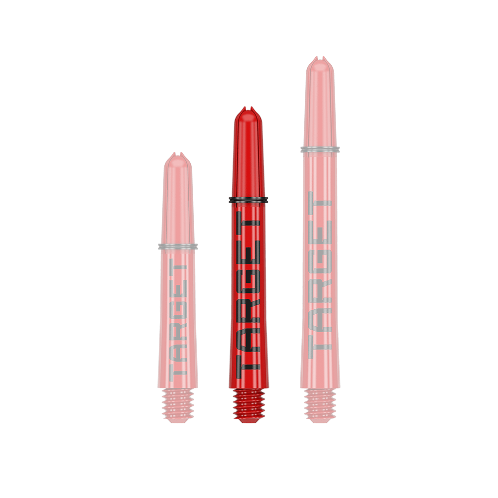 Varillas Target Pro Grip TAG - 3 juegos - Rojo Das Bild zeigt drei rote Dartschäfte in verschiedenen Längen. Auf den Schäften steht in schwarzer Schrift das Wort "TARGET".
