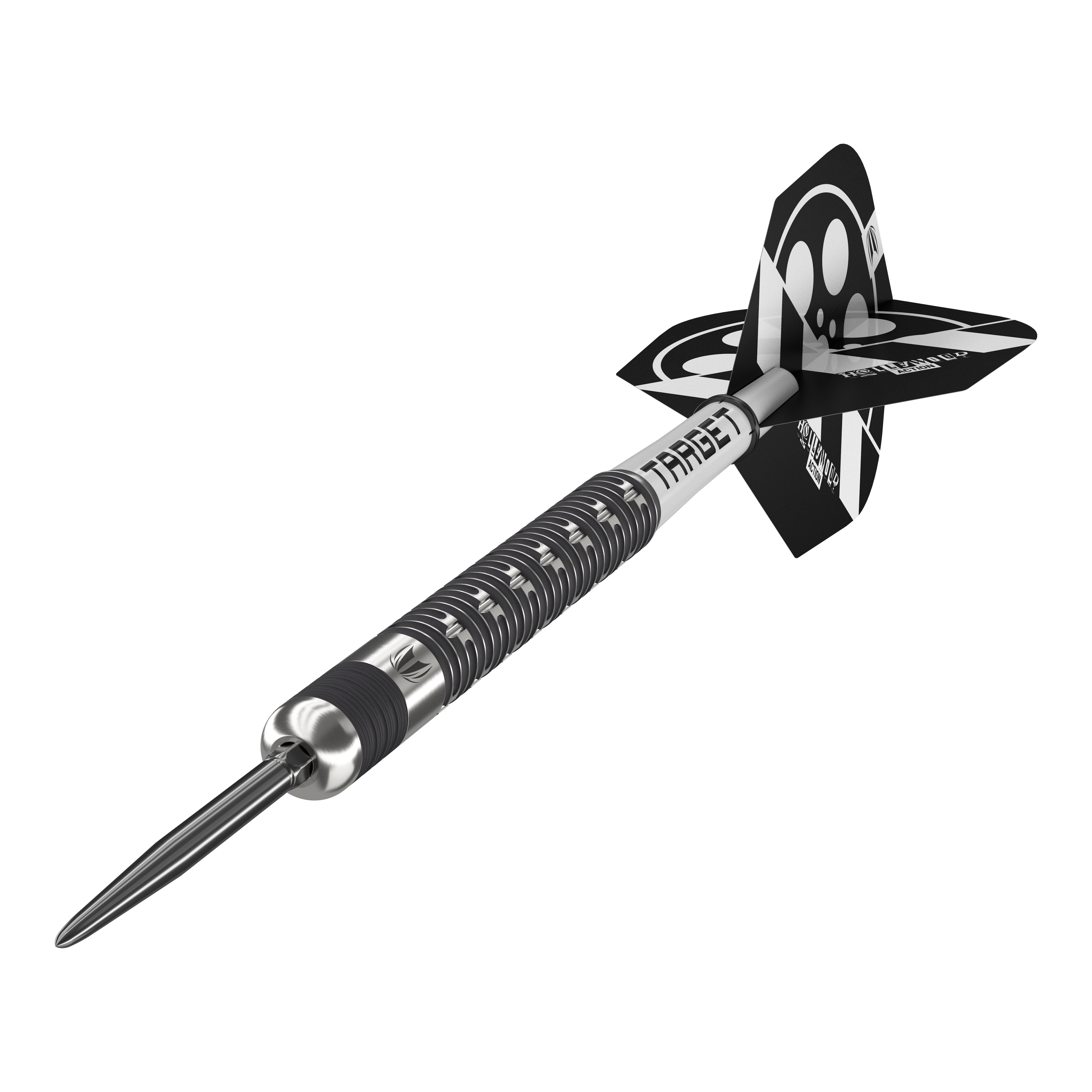 Dardos de acero Target Chris Dobey Hollywood Action Swiss Point Auf dem Bild ist der Target Chris Dobey Hollywood Action Swiss Point Steeldart zu sehen. Der Dartpfeil hat ein modernes, schwarzes und silbernes Design mit auffälligen Flights.
