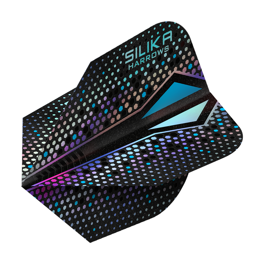 Plumas Harrows Silika Colourshift Tough Crystalline Coating Silver-X No6 Dies ist ein Dartflight der Marke Harrows mit dem Namen „Silika Colourshift Tough Crystalline Coating Silver-X No6“. Das Design zeigt eine schwarze Oberfläche mit schimmernden, bunten Sechsecken und blauen Akzenten.