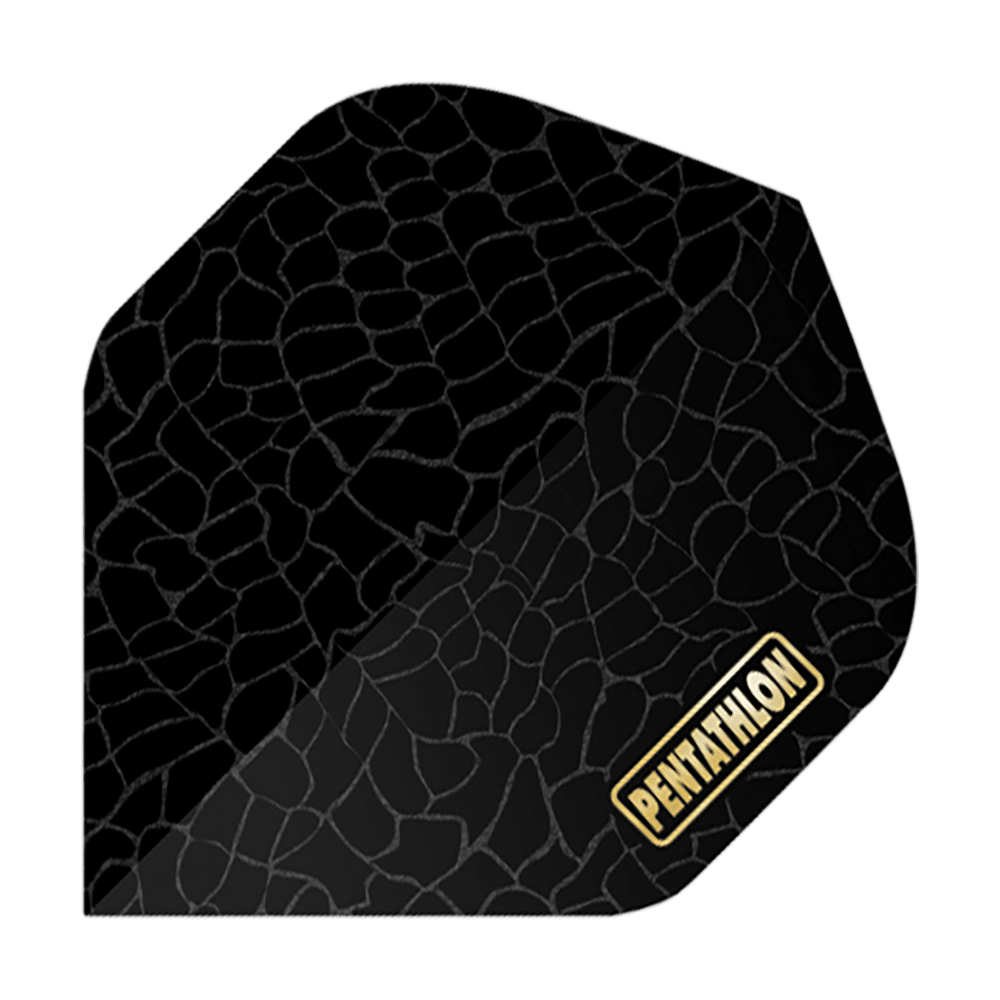 Vuelos de pentatlón RT Scales Das Bild zeigt ein schwarzes Dartflight mit einem schuppigen Muster. In der unteren Ecke steht das goldene Logo "PENTATHLON".