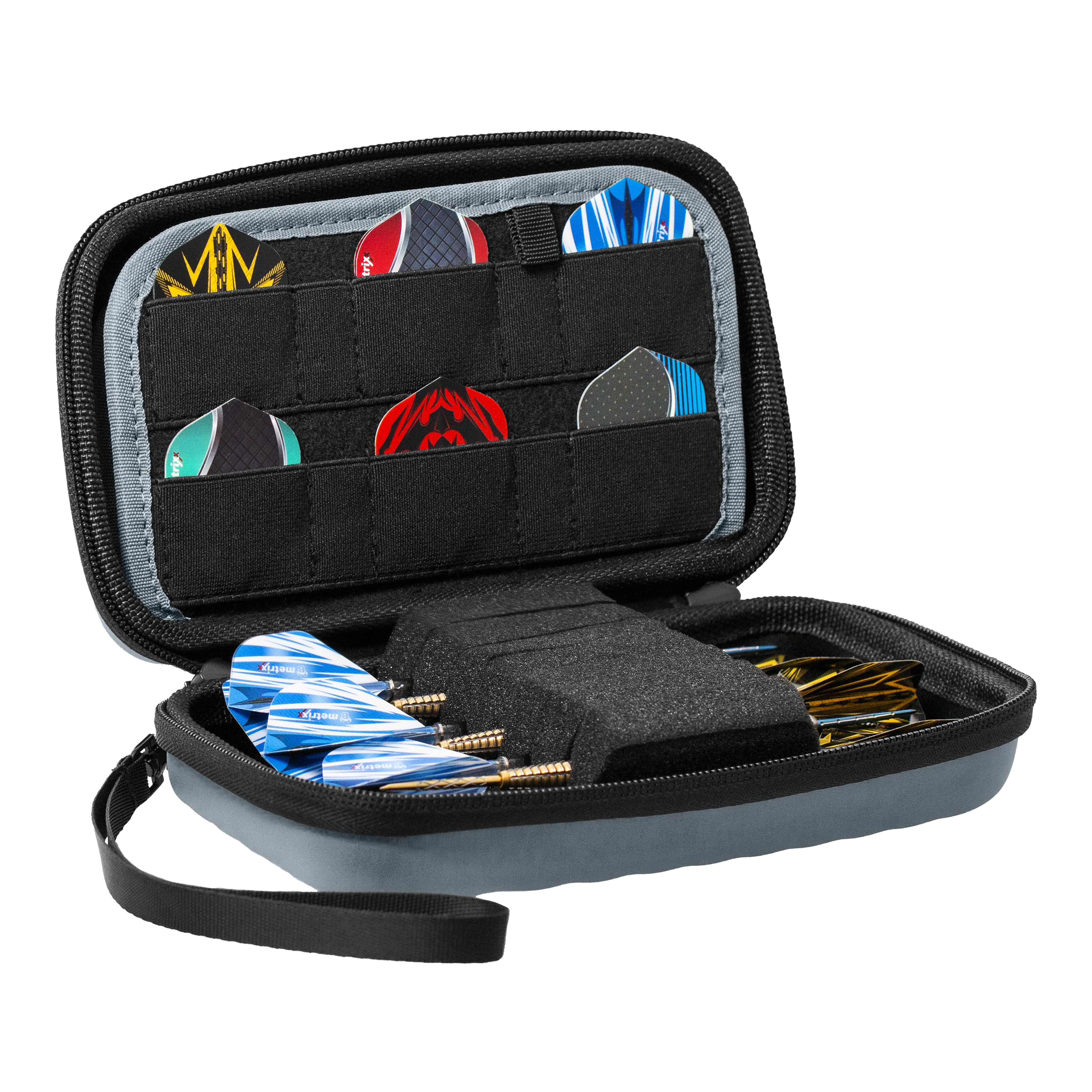 Estuche para dardos Bulls Orbis XL - Gris Das Bild zeigt das Bulls Orbis XL Dartcase in der Farbe Grau. Dieses Etui bietet viel Platz für Dartzubehör.