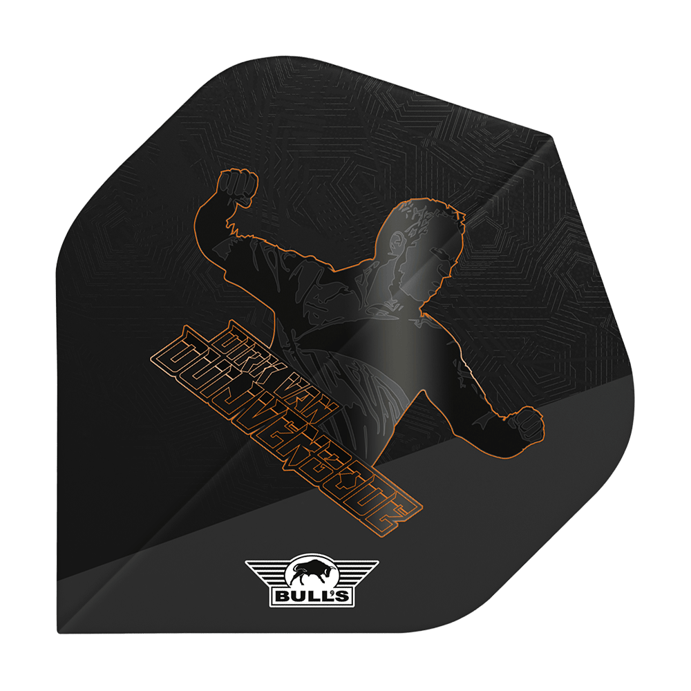 Bulls NL Player 100 Dirk Van Duijvenbode Edición 2 No2 Vuelos estándar Auf dem Bild ist ein schwarzes Dart-Flight mit einer Silhouette eines jubelnden Spielers und dem Namen "Dirk van Duijvenbode" zu sehen. Unten befindet sich das Logo der Marke "Bull's".