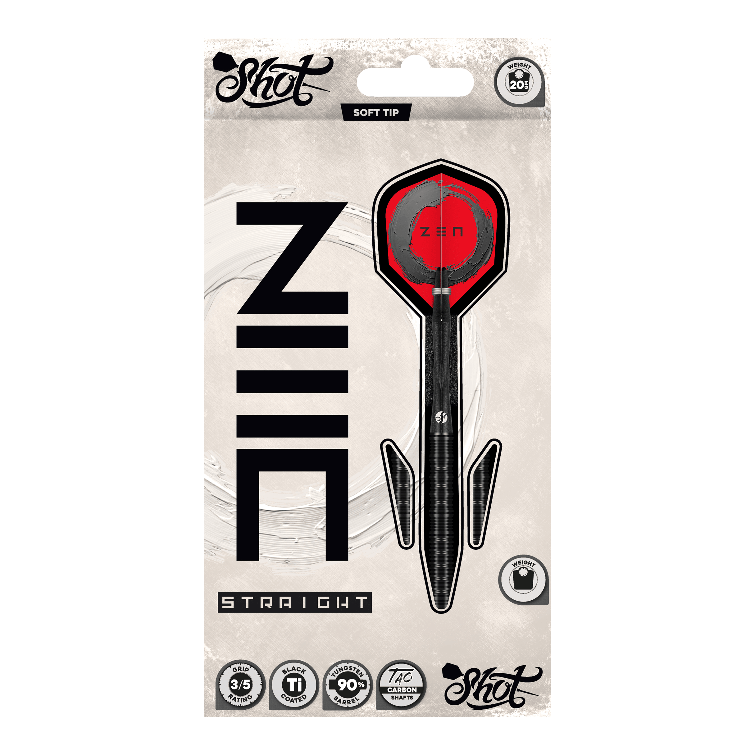 Dardos blandos rectos Shot ZEN - 20 g Abgebildet sind die Shot ZEN Straight Softdarts - 20g. Diese Darts zeichnen sich durch ihre gerade Form aus.