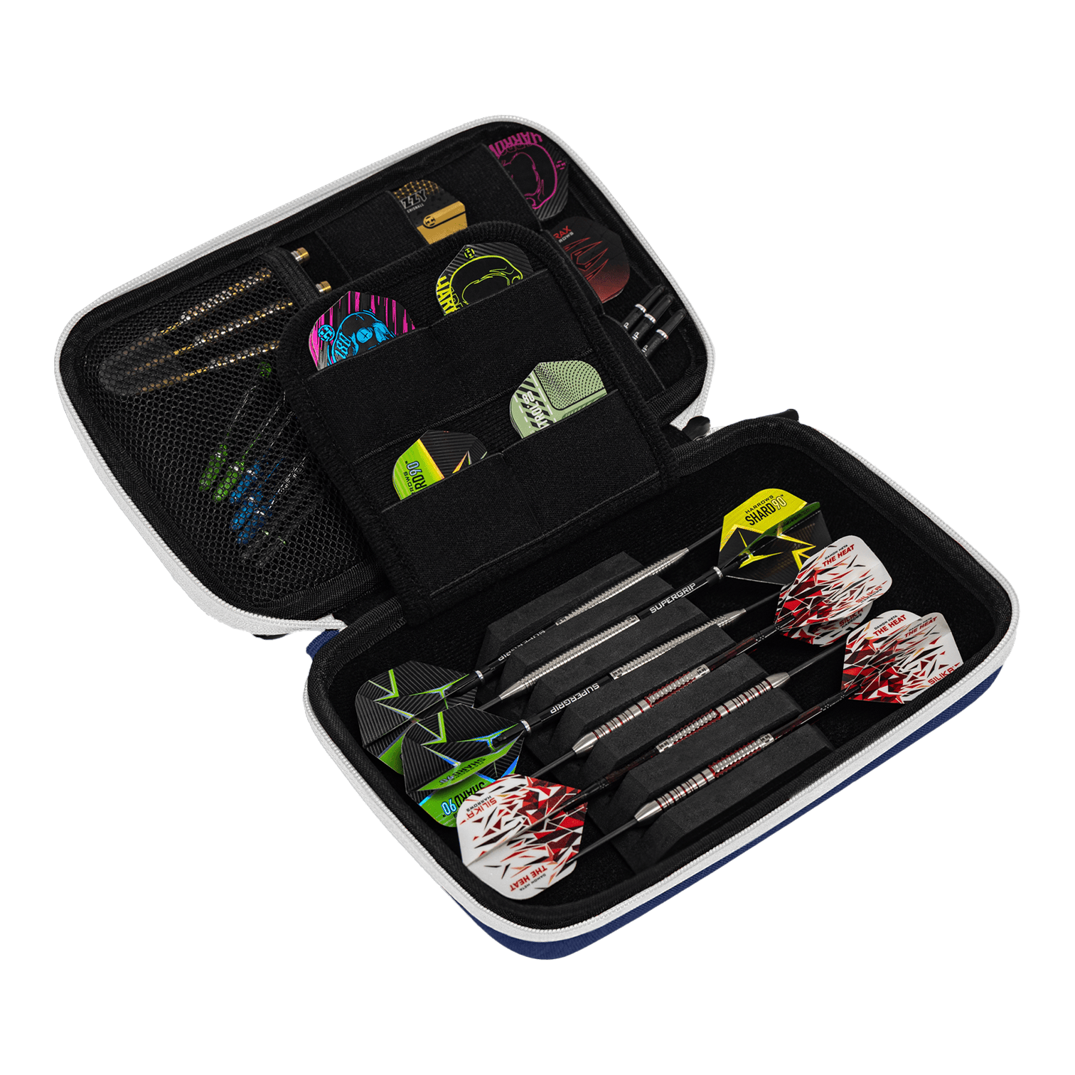 Cartera para dardos Harrows Smart Case XL Das Bild zeigt ein geöffnetes Dart-Etui mit mehreren Darts und Zubehörteilen. In den Fächern sind verschiedene Flights und Spitzen ordentlich verstaut.
