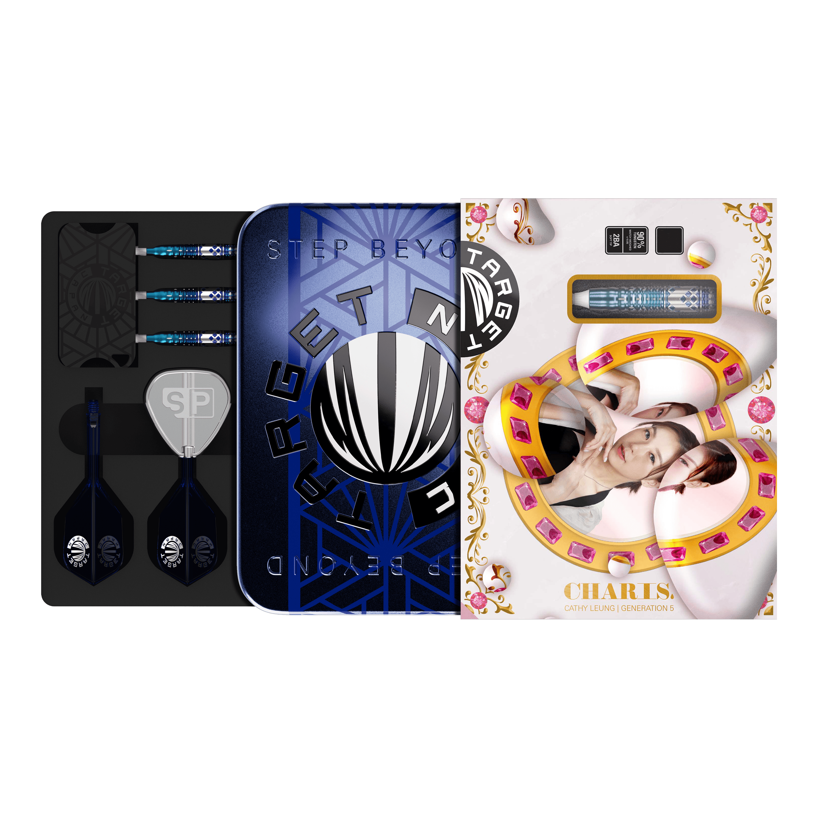 Dardos blandos Target Japan Cathy Leung Charis GEN5 - 19 g Das Bild zeigt das Produkt "Target Japan Cathy Leung Charis GEN5 Softdarts - 19g" in einer dekorativen Verpackung. Im Inneren sind die Darts, Flights und weiteres Zubehör ordentlich angeordnet.