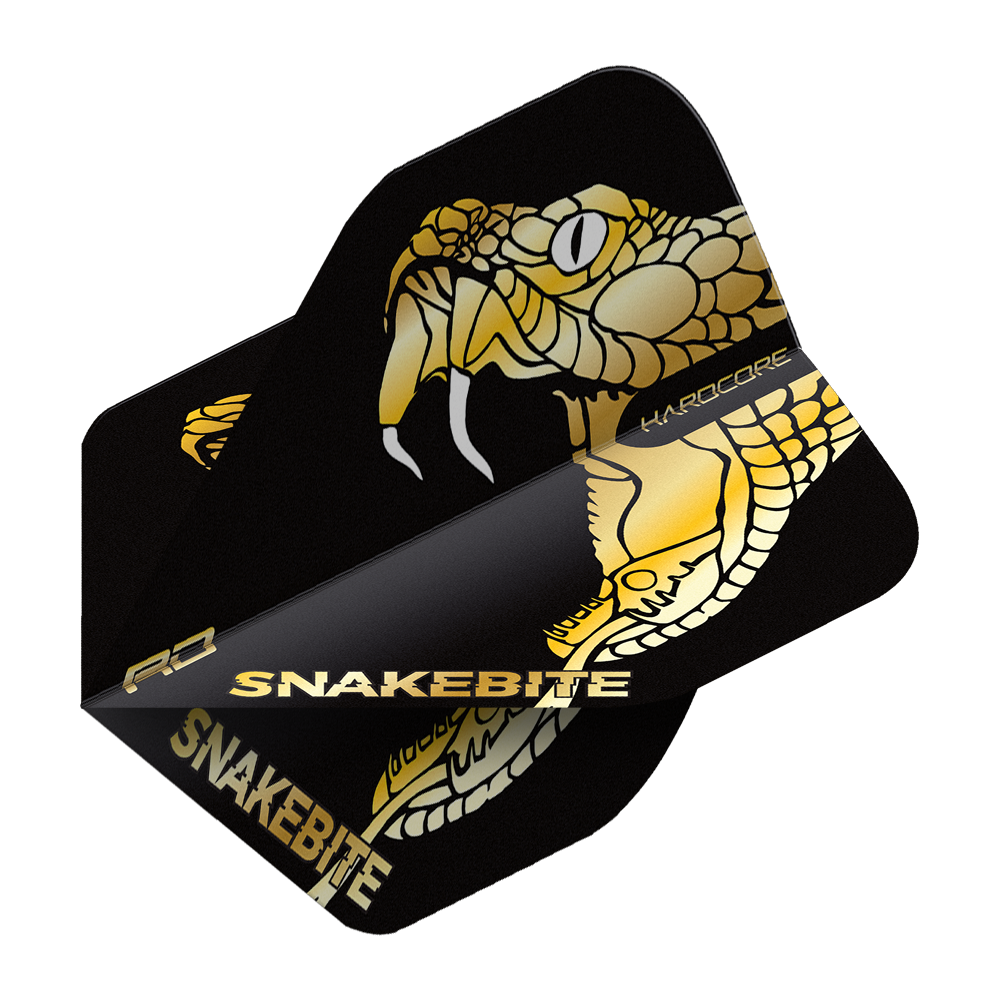 TF6837_Red_Dragon_Hardcore_Premium_Peter_Wright_Snakebite_Gold_Snake_Standard_Flights_215XbUEgqVHT3P Das Bild zeigt ein Dart-Flight mit einem goldenen Schlangenmotiv auf schwarzem Hintergrund. Auf dem Flight steht der Schriftzug "SNAKEBITE" in goldenen Buchstaben.