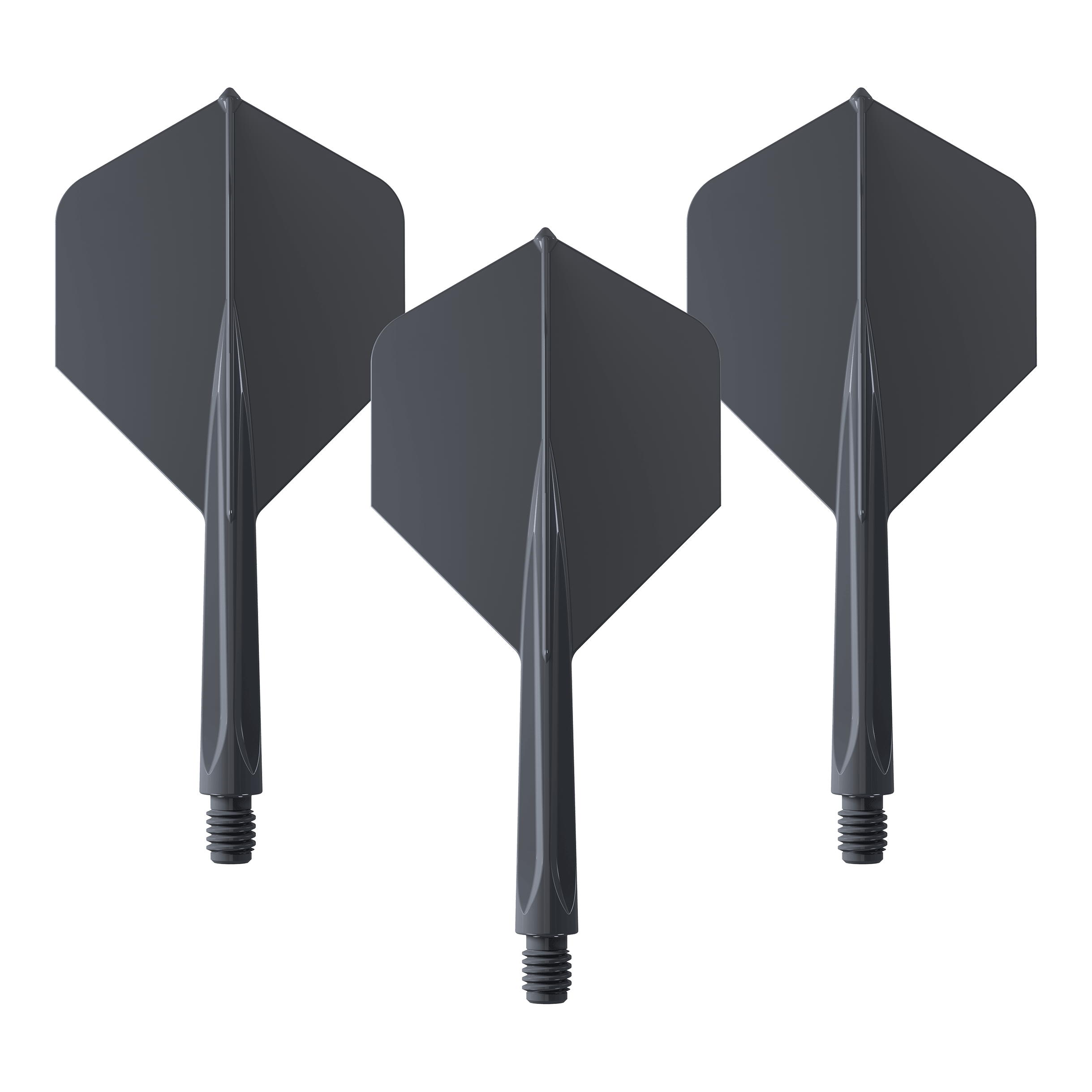 Plumas estándar Unicorn Forge All In One Plus No2, color negro (tamaño mediano) Das Bild zeigt drei schwarze Dartflights mit integriertem Schaft in mittlerer Größe. Es handelt sich um das Produkt "Unicorn Forge All In One Plus No2 Standard Flights Schwarz - Medium".