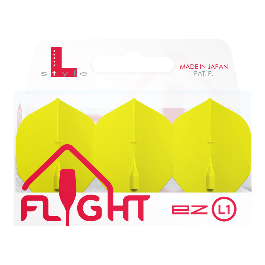 Vuelos estándar L-Style Champagne L1EZ Das Bild zeigt eine Packung mit drei gelben L-Style Champagne L1EZ Standard Flights. Die Verpackung ist weiß mit roter und grauer Schrift und wurde in Japan hergestellt.