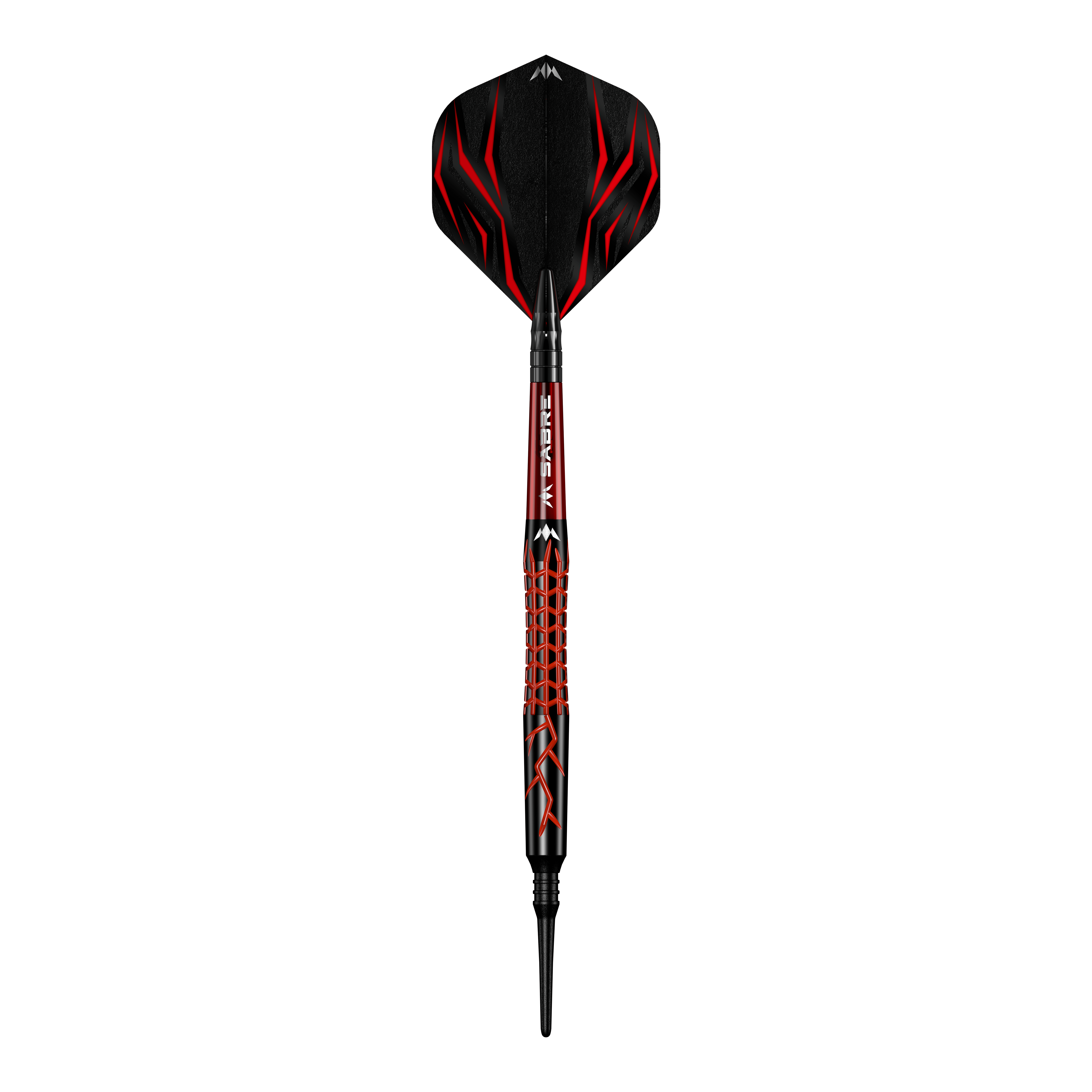 Dardos blandos Mission Lava - 20 g Dies ist der Mission Lava Softdart mit einem Gewicht von 20 Gramm. Er hat ein auffälliges Design in Schwarz und Rot mit roten Flammenmustern.