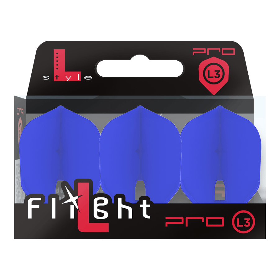 Das Bild zeigt eine Verpackung mit drei blauen Dartflights der Marke L-Style. Auf der Packung steht "Flight L Pro L3" und die Flights sind in einer durchsichtigen Box sichtbar.
