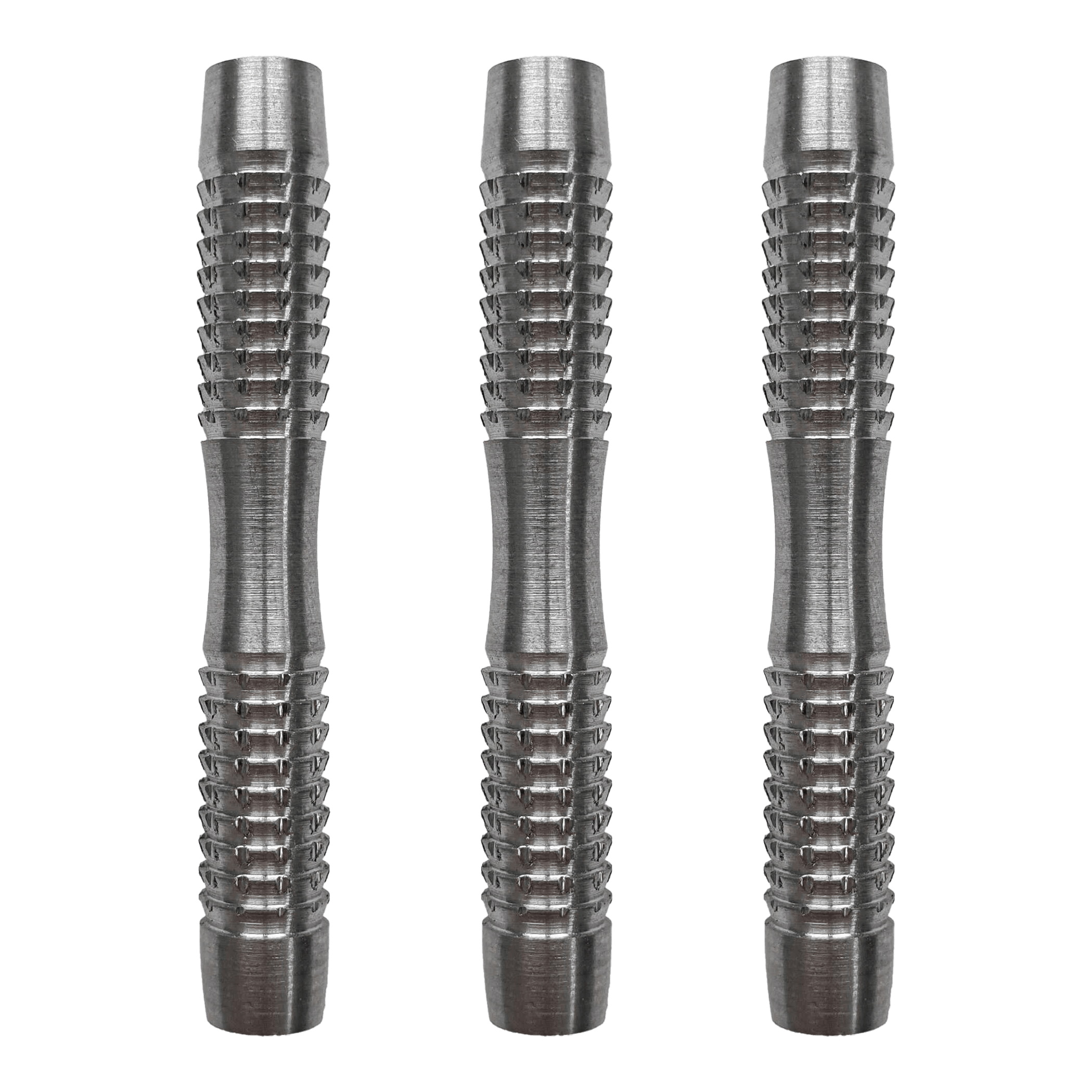 Barriles de dardos blandos McDart Blank Shark Das Bild zeigt drei silberne McDart Blank Shark Softdart-Barrels. Sie haben eine geriffelte Oberfläche für besseren Halt.