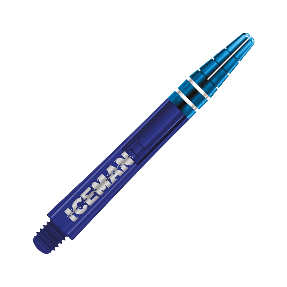 C812_Red_Dragon_Nitrotech_Gerwyn_Price_Blue_Shafts_48mm_2 Dies ist ein blauer Dart-Schaft mit der Aufschrift "ICEMAN". Der Schaft hat zwei silberne Ringe am oberen Ende.