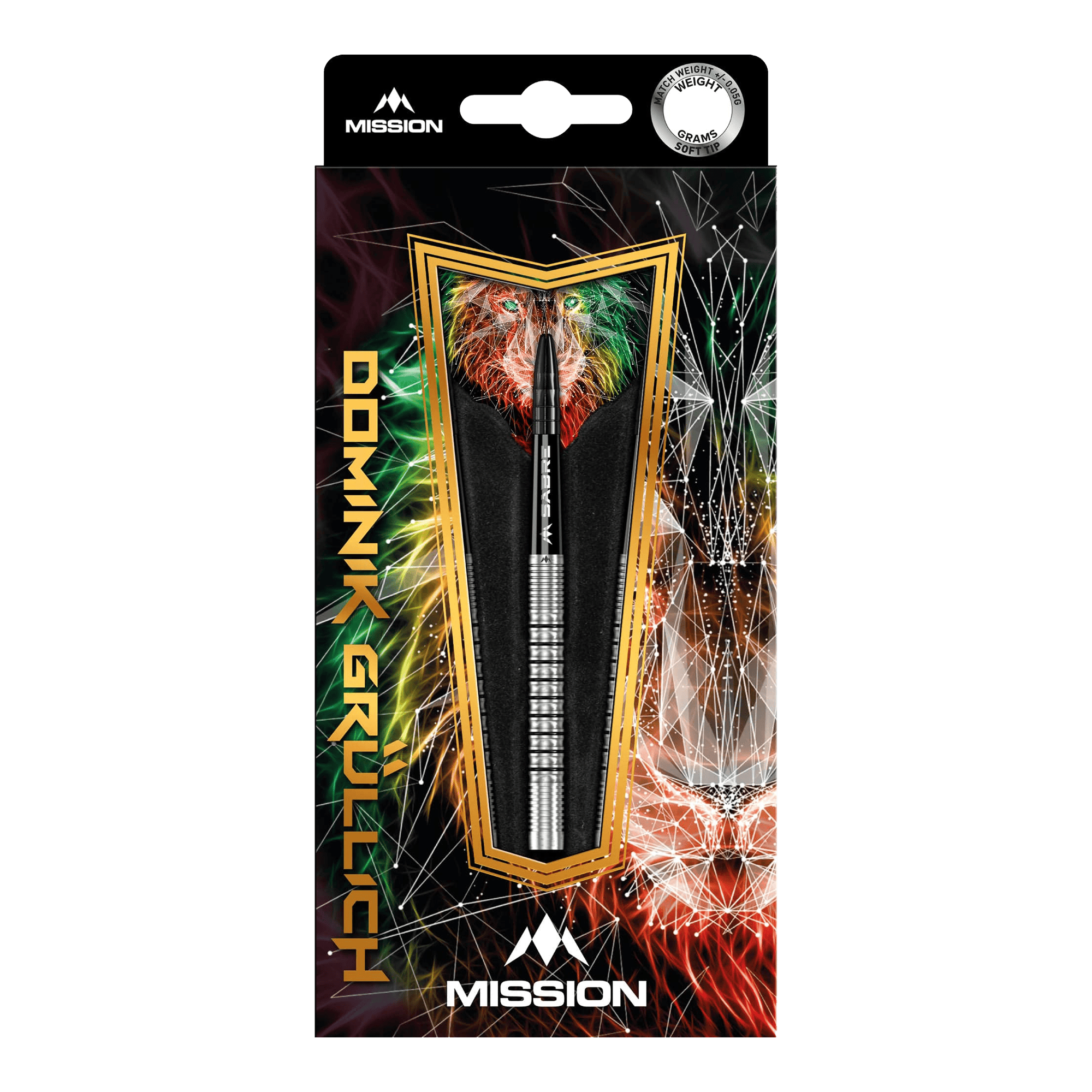 Misión Dominik Grüllich Steeldarts Die Abbildung zeigt die Verpackung der "Mission Dominik Grüllich Steeldarts - 23,5g". Die Verpackung ist bunt gestaltet und zeigt einen einzelnen Dartpfeil in der Mitte.