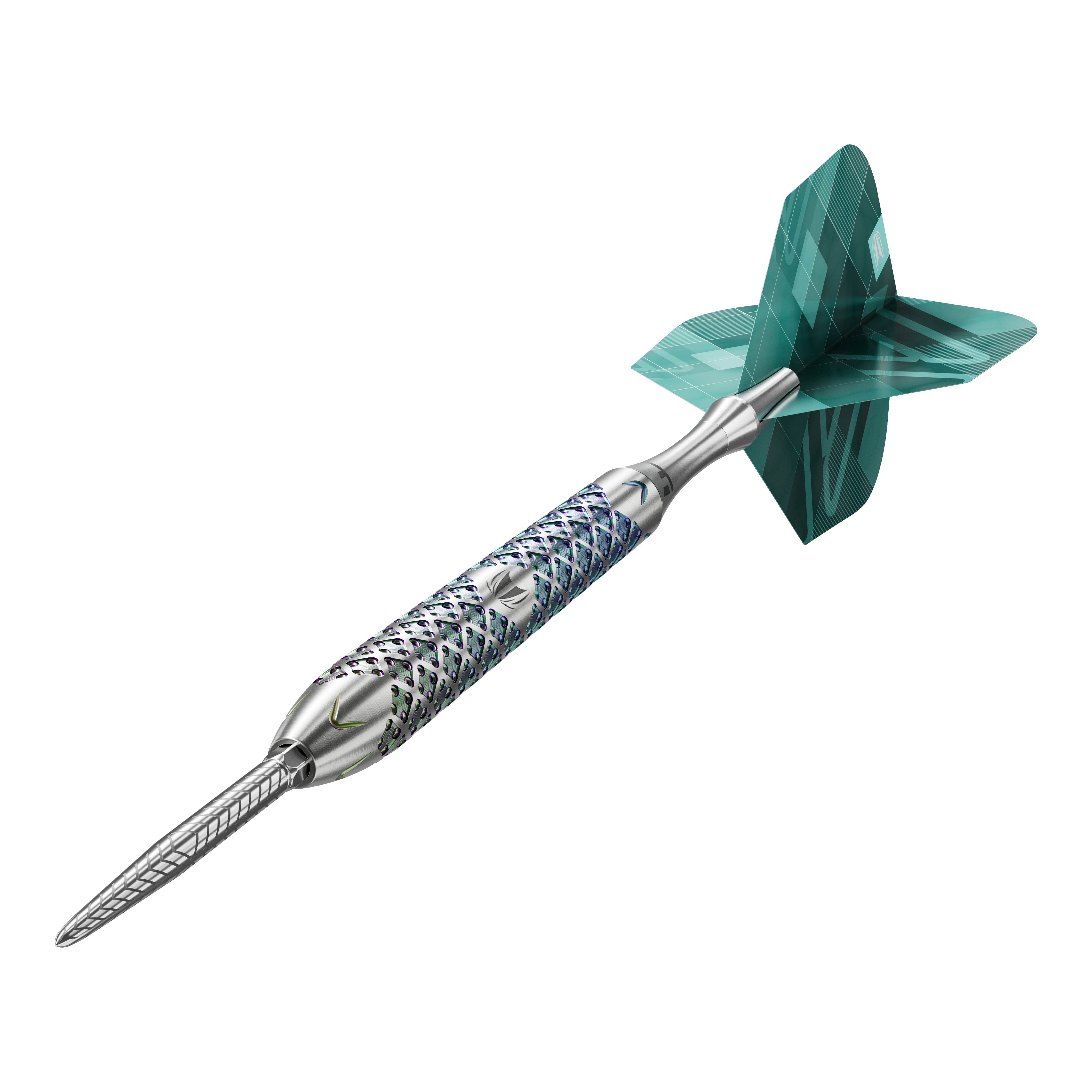 Dardos de acero Target Rove 03 Swiss Point Das Bild zeigt den Target Rove 03 Swiss Point Steeldart. Der Dart hat einen silbernen, strukturierten Schaft und grüne Flights.