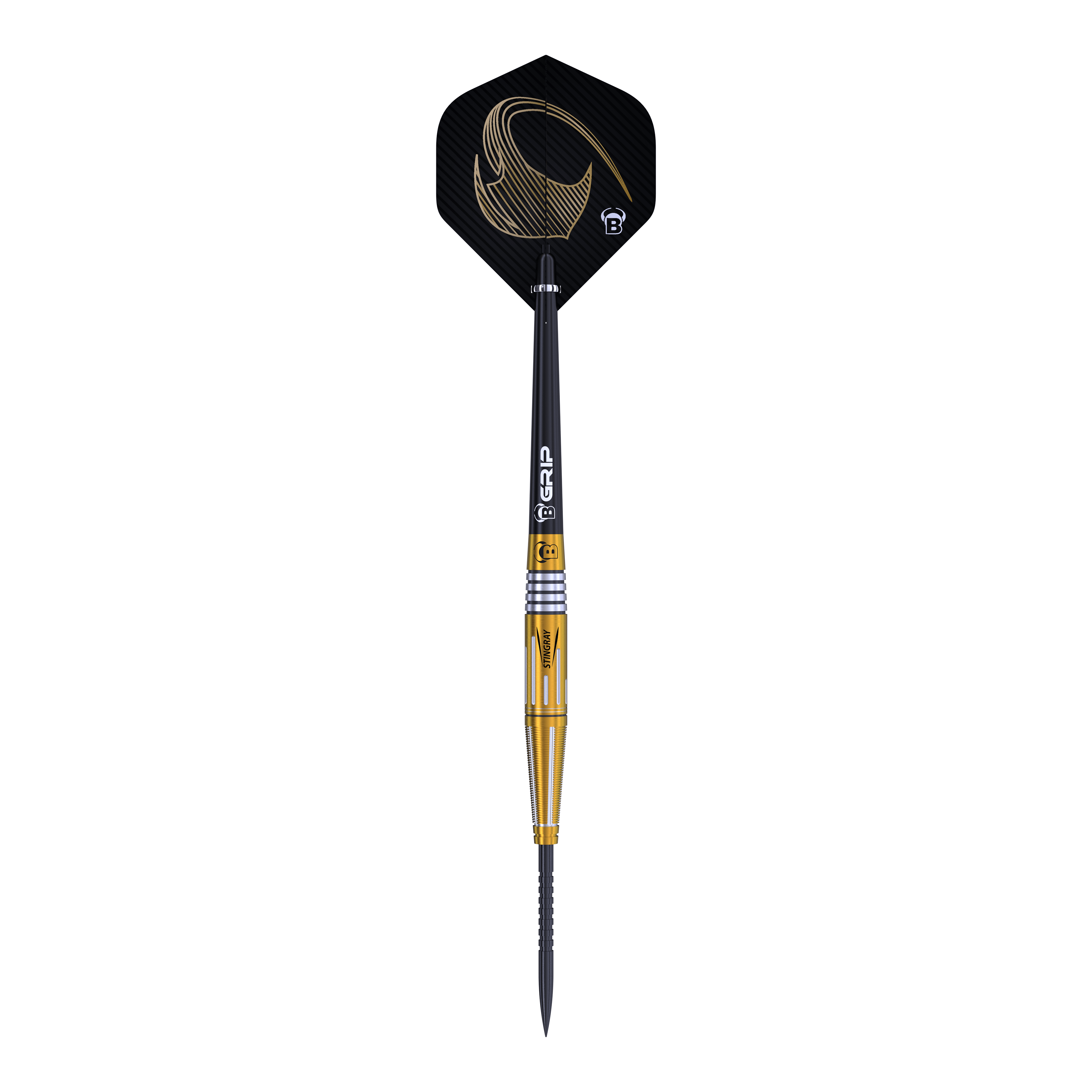 Dardos de acero Bulls Stingray ST4 Das Bild zeigt den Bulls Stingray ST4 Steeldart mit einem eleganten Design in Schwarz und Gold. Der Dart hat eine schlanke Form und ist mit einem auffälligen Flight ausgestattet.