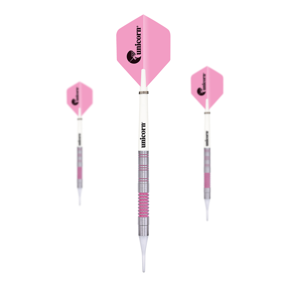 Dardos blandos Unicorn Autograph - 19 g Das Bild zeigt drei Softdarts des Produkts "Unicorn Autograph Softdarts - 19g". Die Darts haben pinke Flights und einen silber-weißen Schaft mit pinken Akzenten.