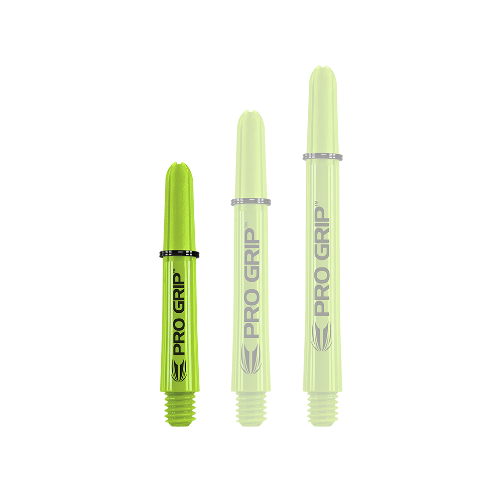 Varillas Target Pro Grip - 3 juegos - Verde lima Das Bild zeigt drei limegrüne Pro Grip Shafts in unterschiedlicher Länge. Auf jedem Schaft steht gut sichtbar der Schriftzug "PRO GRIP".