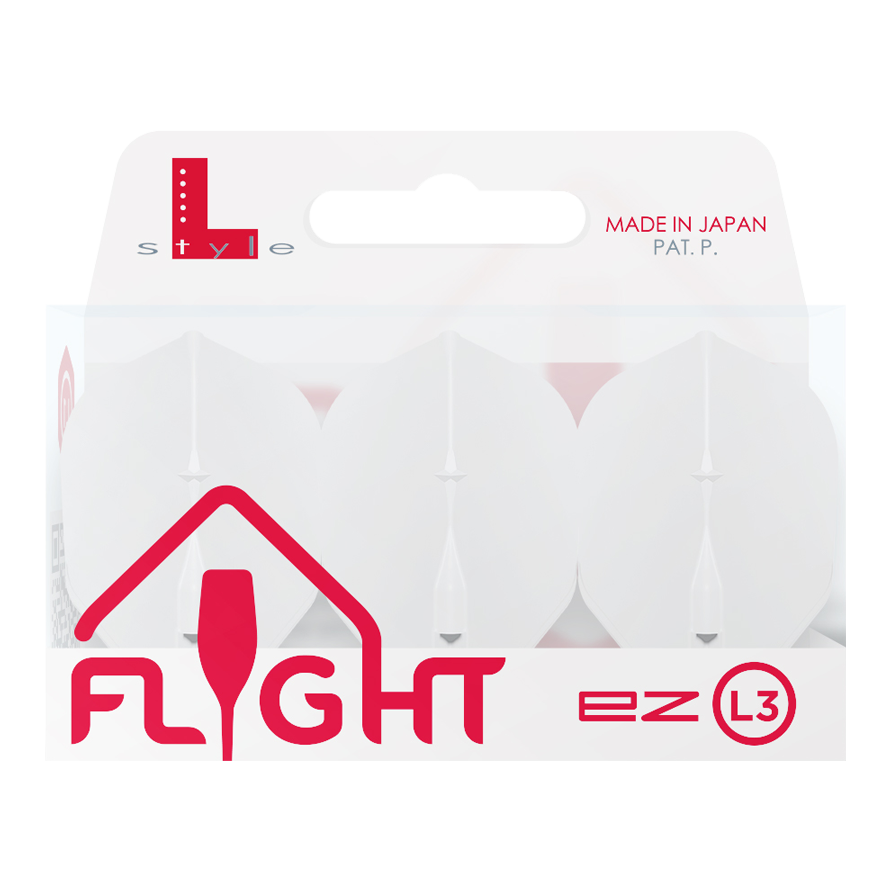 Vuelos L-L-Style3EZ Auf dem Bild ist eine Verpackung von L-Style Flights für Darts zu sehen. Die Verpackung ist weiß und enthält drei Flights des Typs EZ L3, hergestellt in Japan.