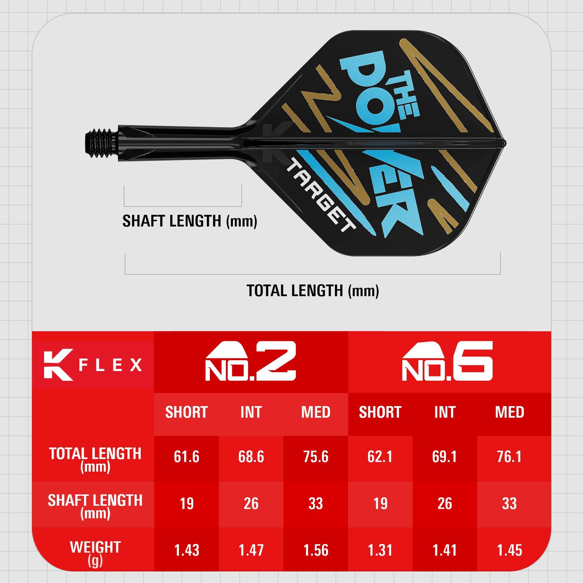 Sistema de varilla de vuelo estándar Target K-Flex Phil Taylor No.2 Das Bild zeigt das Produkt „Target K-Flex Phil Taylor No2 Standard Flights“ mit einer grafischen Darstellung und Maßen. Unten sind Tabellen mit Längen- und Gewichtsangaben für verschiedene Größen des Produkts abgebildet.