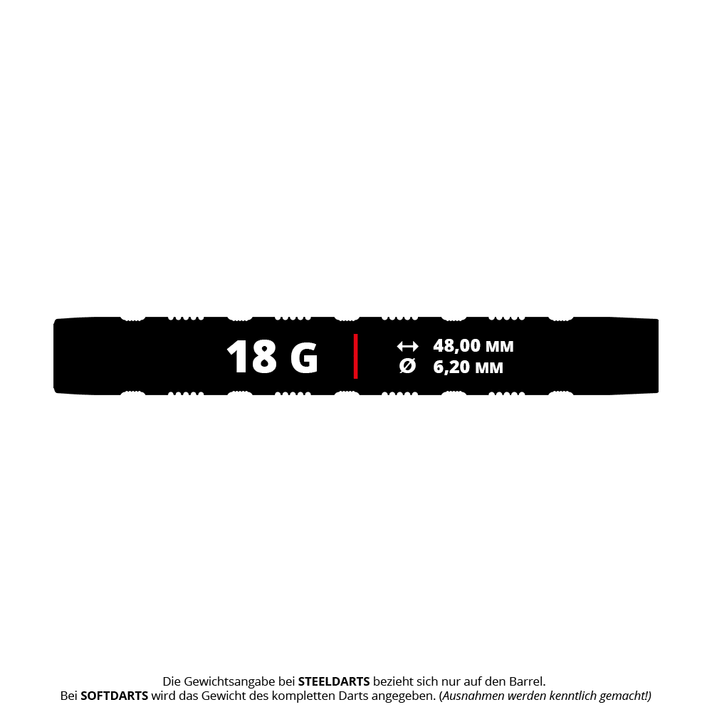 Dardos Target Rob Cross 95K Swiss Point Soft - 18 g Das Bild zeigt die technischen Daten der Target Rob Cross 95K Swiss Point Softdarts mit 18 Gramm Gesamtgewicht. Die Darts sind 48,00 mm lang und haben einen Durchmesser von 6,20 mm.