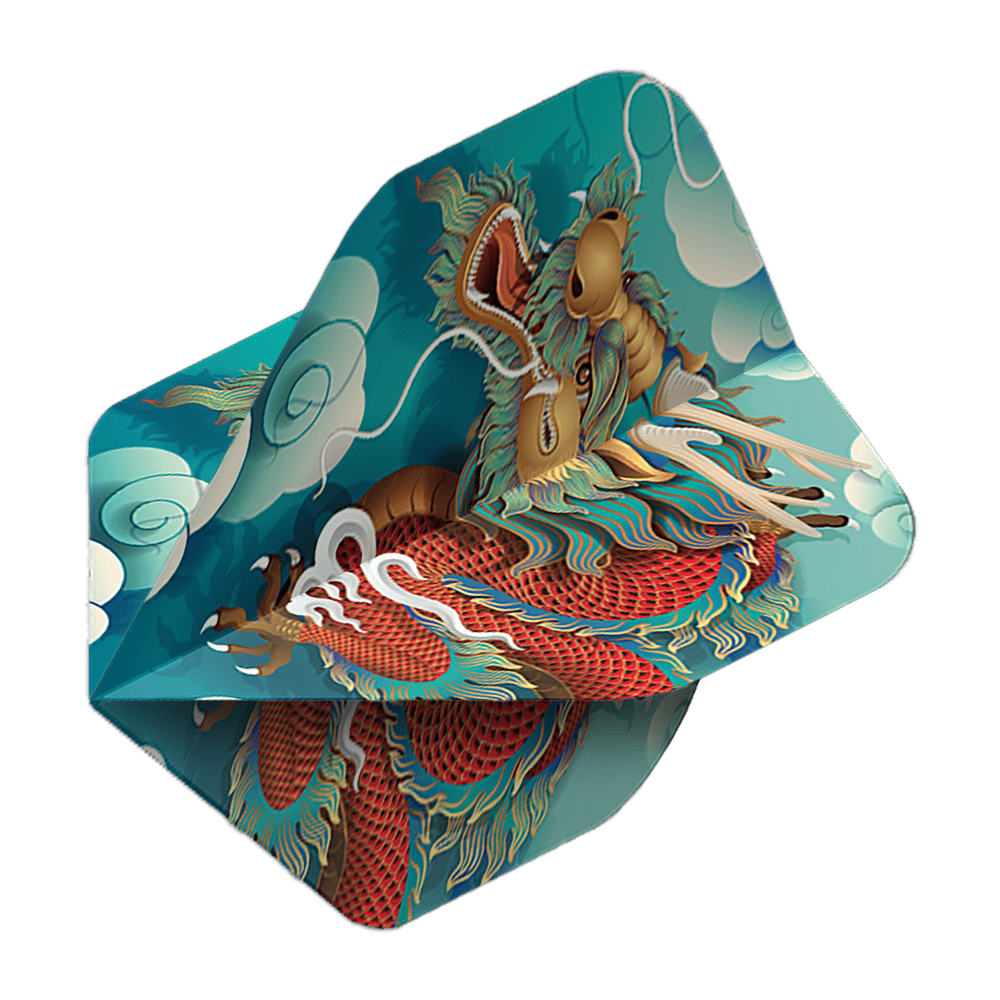 Vuelos de pentatlón Dragón Das Bild zeigt ein Dartflight mit einem farbenfrohen Drachenmotiv auf blauem Hintergrund. Es handelt sich um das Produkt "Pentathlon Dragon 5 Standard Flights".