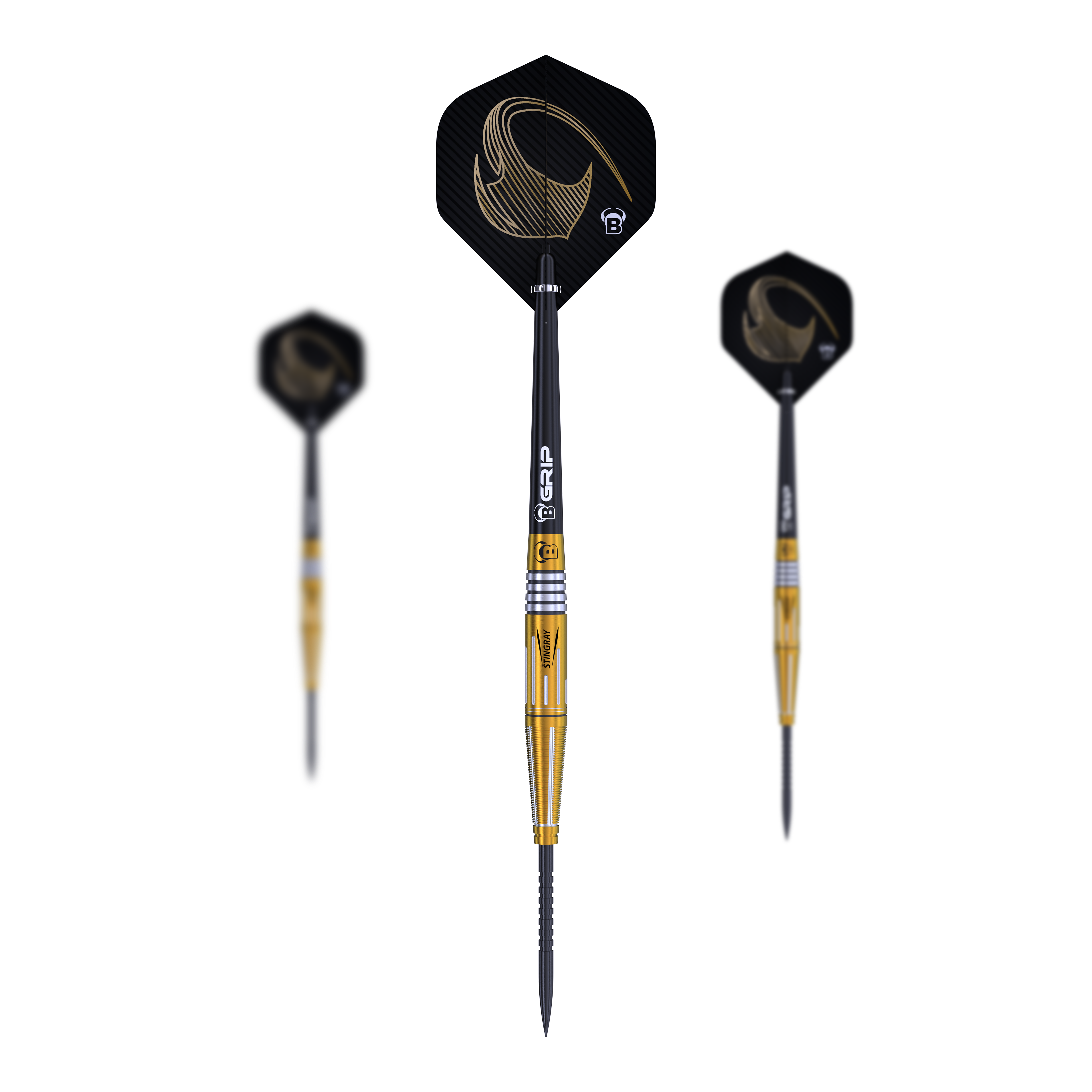 Dardos de acero Bulls Stingray ST4 Das Bild zeigt drei Steeldarts des Modells "Bulls Stingray ST4". Die Darts haben goldene und schwarze Akzente sowie Flights mit einem goldenen Muster.