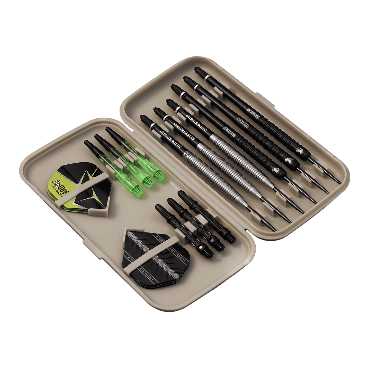 Estuche para dardos Harrows Slimcase Die Abbildung zeigt ein geöffnetes Etui mit mehreren Darts, Ersatzflights und Shafts. Die Darts und Zubehörteile sind ordentlich in dem hellgrauen Slimcase sortiert.