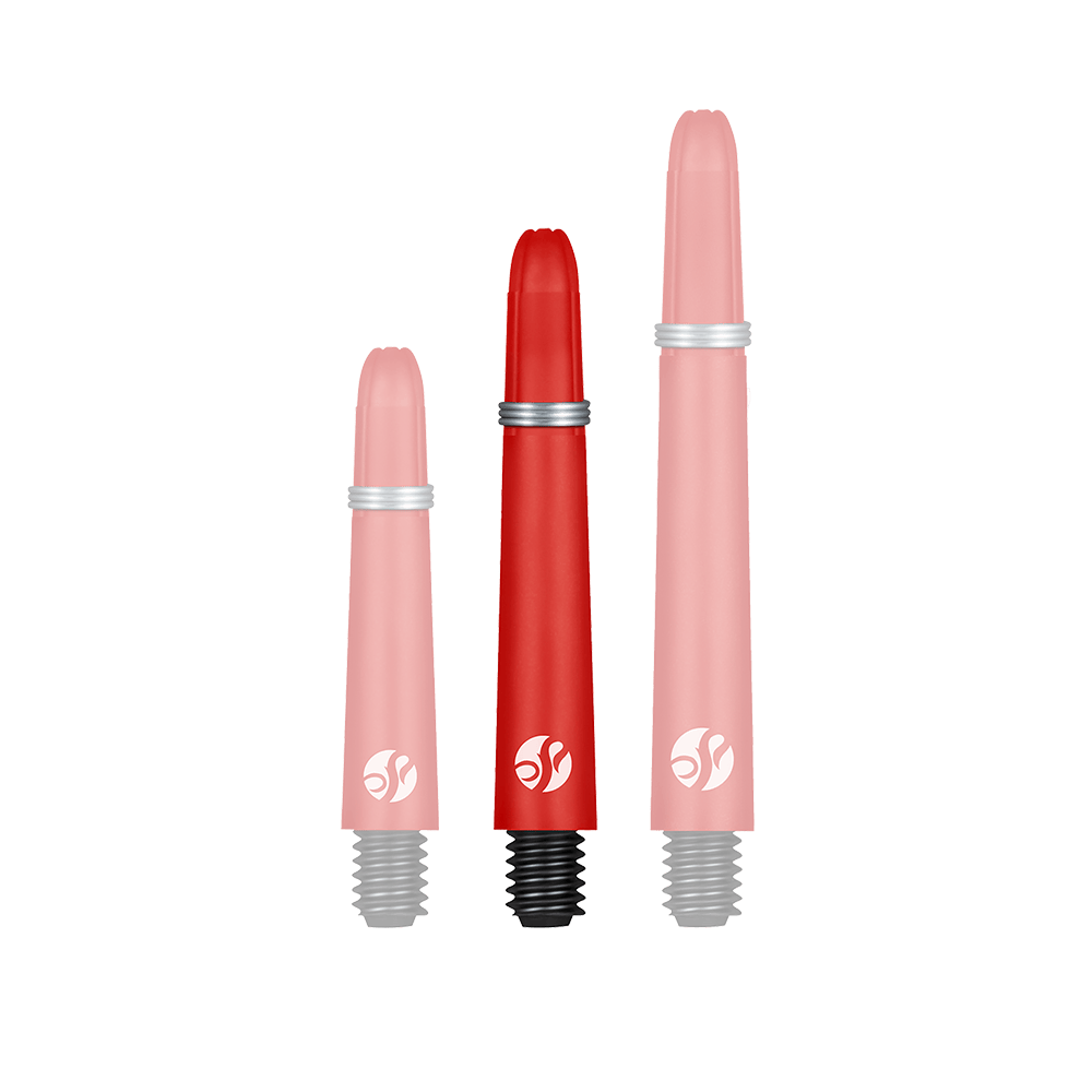 Flechas de carbono Shot Koi - Rojo Das Bild zeigt drei rote Dartschafts in unterschiedlichen Längen. Sie haben schwarze Gewinde und Silberringe zur Befestigung.