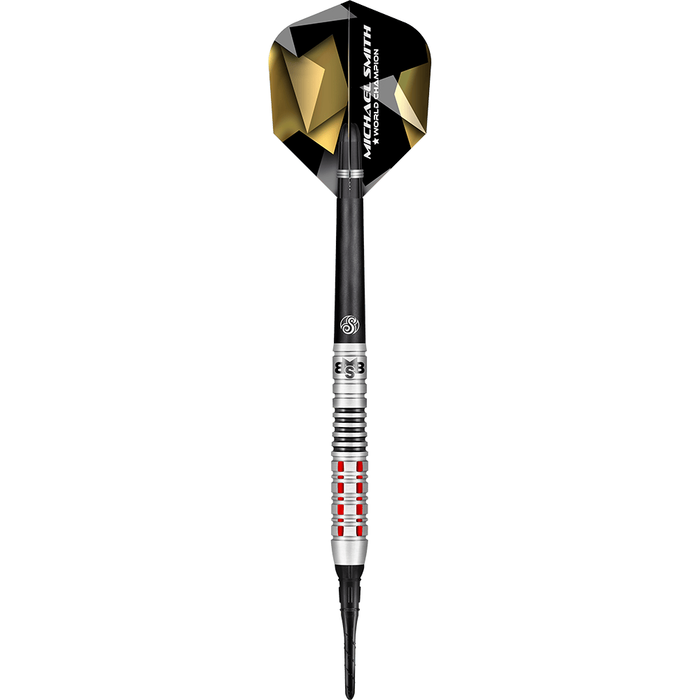 Shoto Michael Smith Believe dardos blandos Das Bild zeigt den Softdart „Shot Michael Smith Believe“. Der Dart hat ein schwarzes Flight mit goldenen Akzenten und eine silberne Spitze mit roten Ringen.