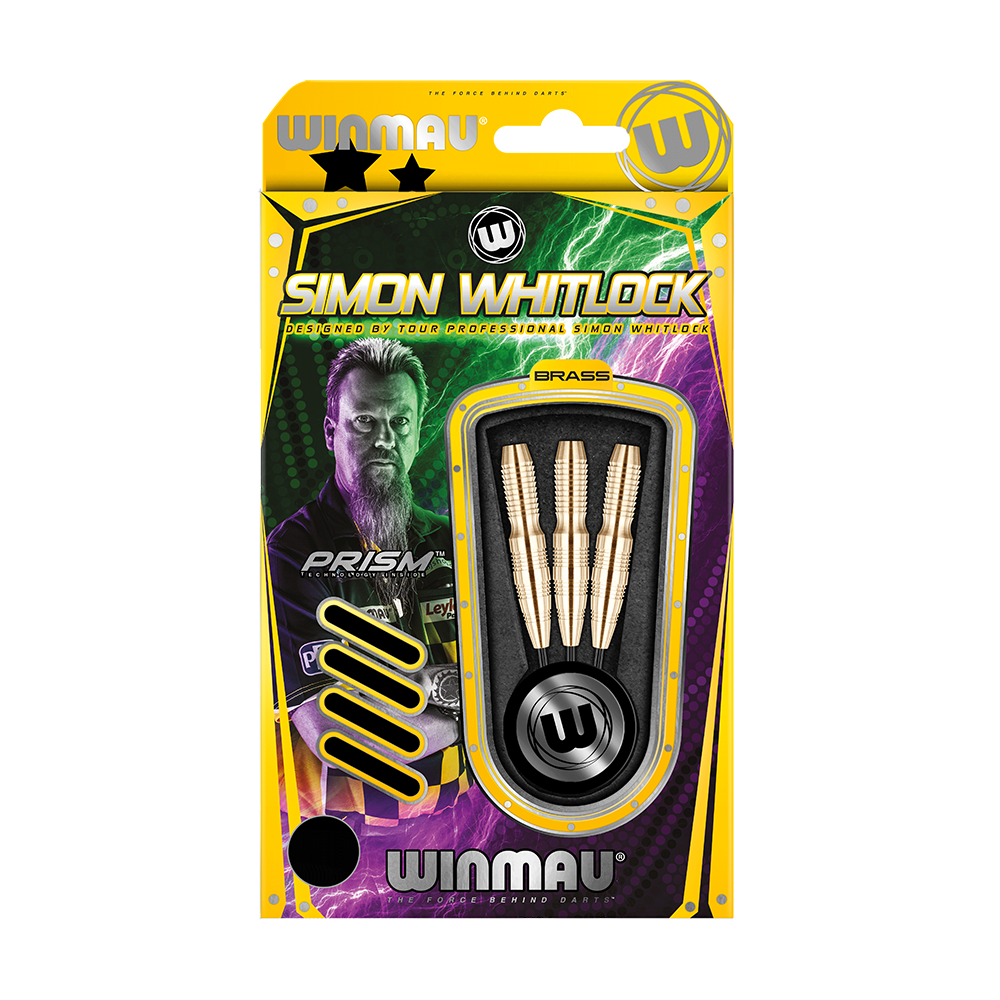 1224_Winmau_Simon_Whitlock_Brass_Steeldarts_3 Die Abbildung zeigt das Produkt "Winmau Simon Whitlock Brass Steeldarts" in einer auffälligen gelb-schwarzen Verpackung. In der Packung sind drei messingfarbene Steeldarts sowie das Bild eines Dartspielers zu sehen.