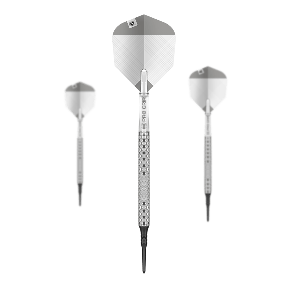 Dardos blandos Target Nastri 11 Das Bild zeigt drei silberne Softdarts des Modells "Target Nastri 11". In der Mitte ist ein Dartpfeil von vorne zu sehen, während links und rechts je einer seitlich dargestellt ist.