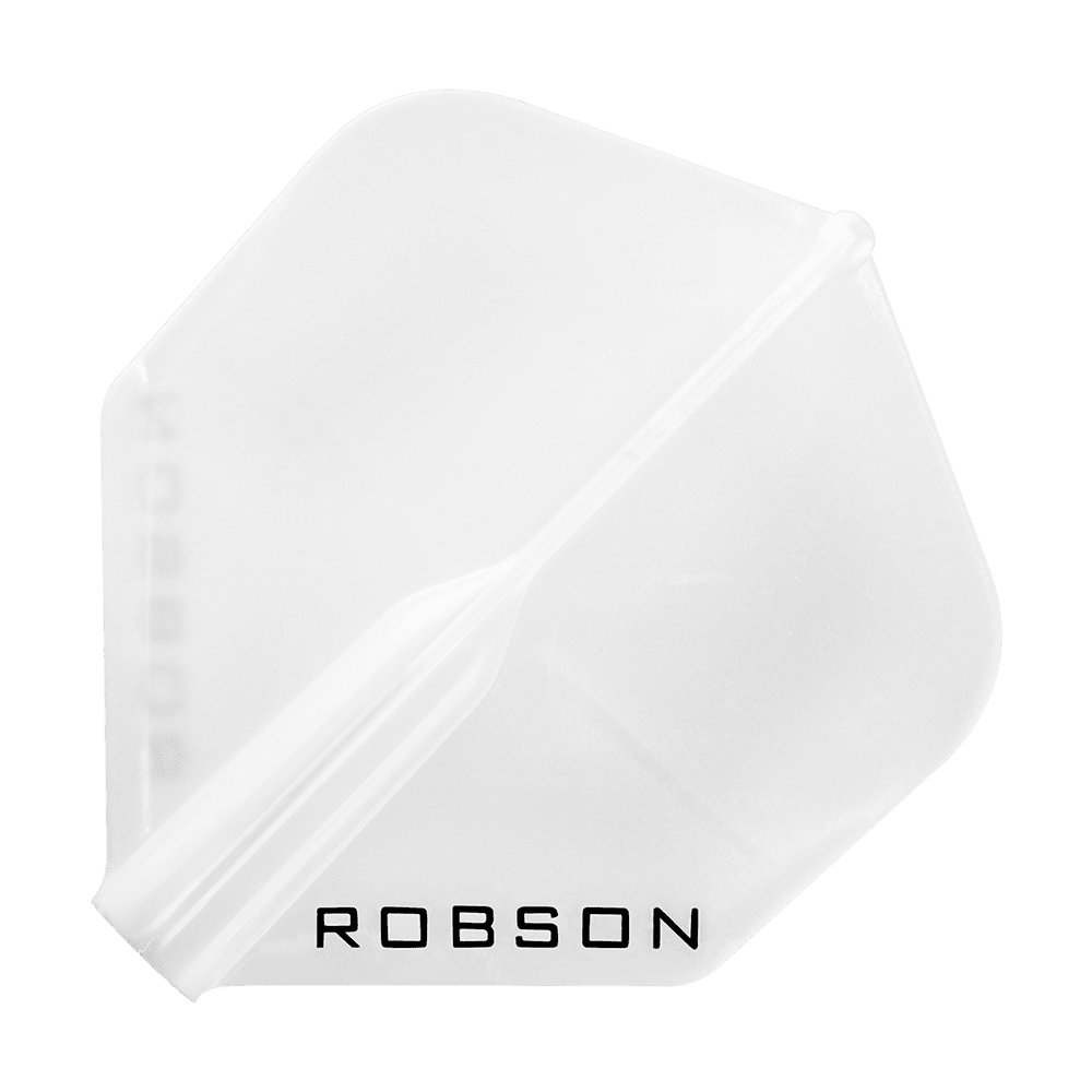 Robson Plus Standard Flights Das Bild zeigt ein weißes Dart-Flügelblatt mit der Aufschrift "ROBSON". Es hat eine klassische, standardmäßige Form und ist durchsichtig.