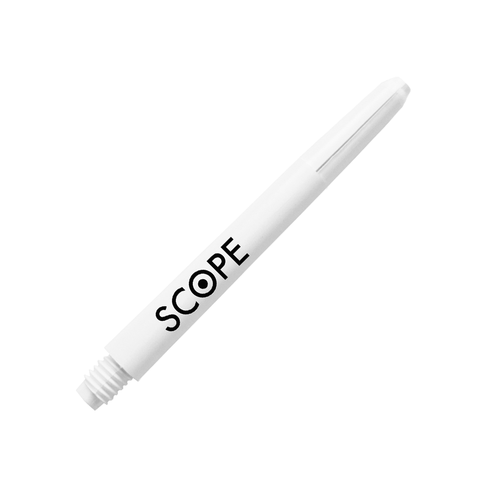 527_McDart_Scope_Nylon_Shafts_Weiss_48mm_2 Das Bild zeigt einen weißen Nylon-Schaft für Darts mit der Aufschrift "SCOPE". Es handelt sich um das Produkt "McDart Scope Nylon Shafts".