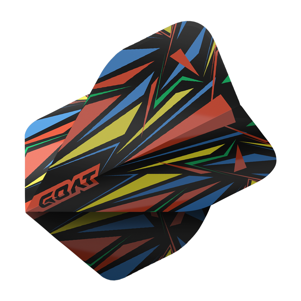 Das Bild zeigt das Produkt "GOAT Athlete Red No2 Standard Flights". Die Dartflights haben ein auffälliges, buntes Zickzack-Muster mit roten, gelben, grünen und blauen Farben.