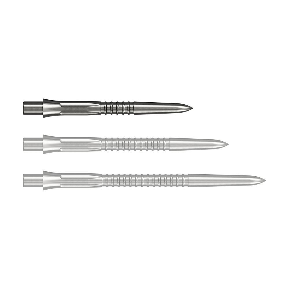 Puntas de dardos Mission Caliburn EVO GV1 - plateadas Das Bild zeigt Steeldartspitzen in Silber mit einer Länge von 26 mm. Einzelne Spitzen sind gut erkennbar dargestellt.