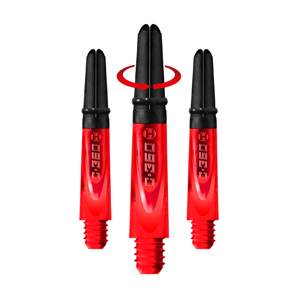 HR455_Harrows_Carbon_360_Shafts_Rot_35mm_1-_Symbol Auf dem Bild sind drei rote Dartschäfte mit schwarzem oberen Teil zu sehen. Ein Pfeil zeigt an, dass sich der mittlere Schaft drehen lässt.