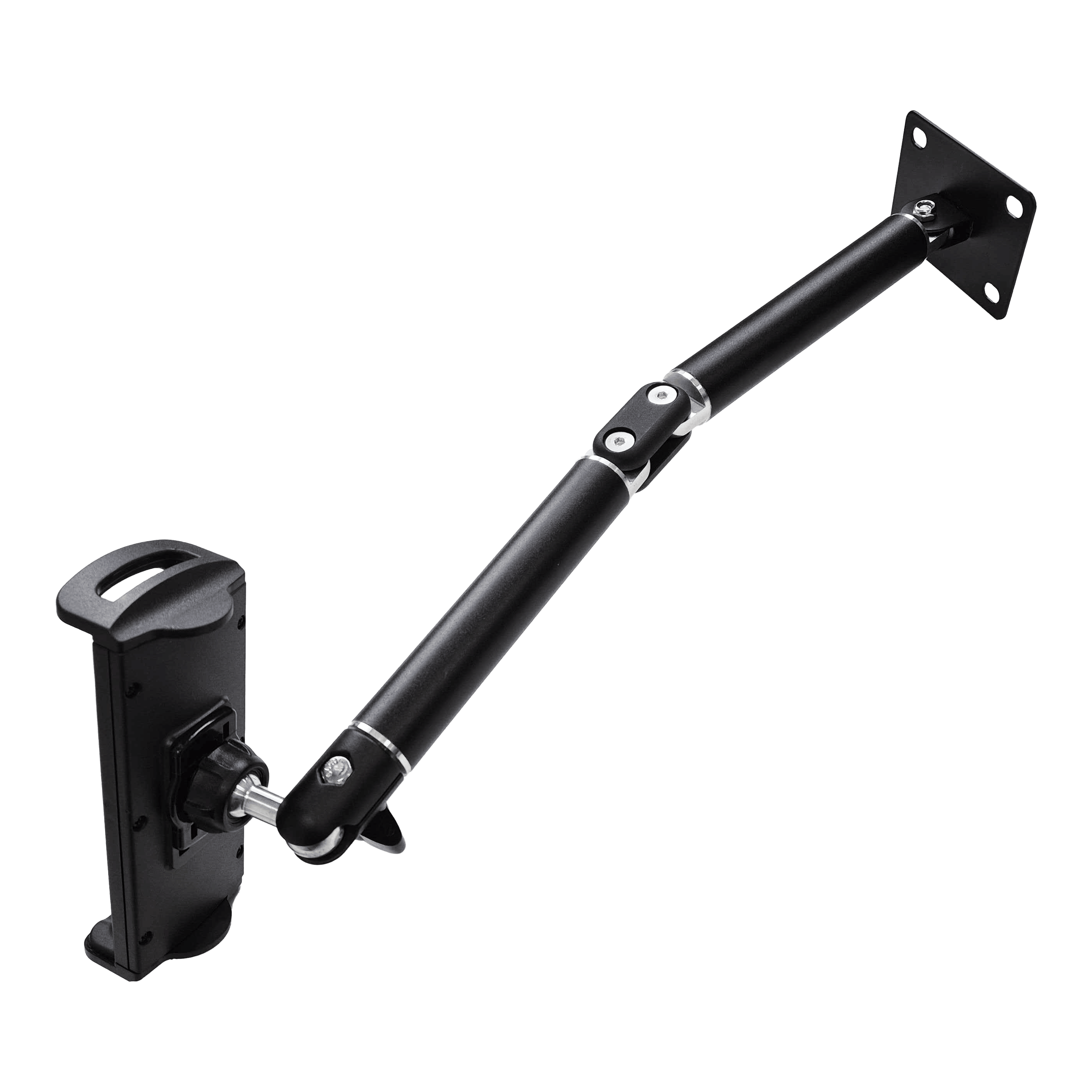 Soporte de pared para tableta McDart TABFlex con brazo flexible Dieses Bild zeigt die McDart TABFlex Tablet Wandhalterung mit flexiblem Arm. Die Halterung ist schwarz und lässt sich an der Wand befestigen, um ein Tablet flexibel auszurichten.