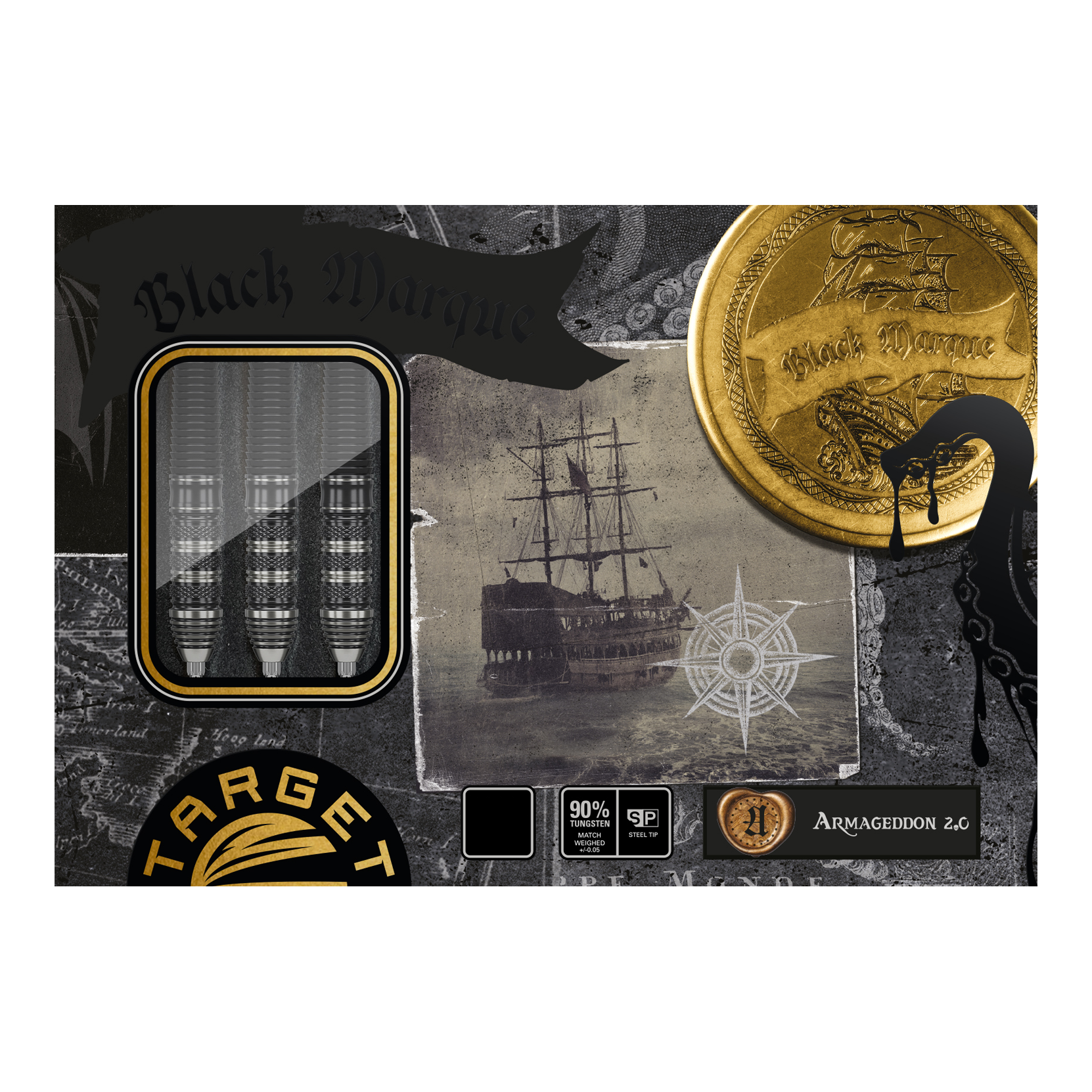 Dardos de acero Target Japan Black Marque Armageddon GEN2 Swiss Point Das Bild zeigt die Verpackung der "Target Japan Black Marque Armageddon GEN2 Swiss Point Steeldarts". Auf der Verpackung sind drei Darts, ein altes Segelschiff und goldene Münzen abgebildet.