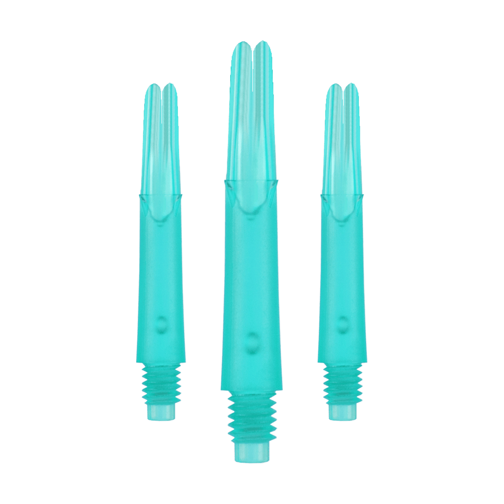 Ejes en L estilo L bloqueados rectos - Esmeralda Das Bild zeigt drei türkisfarbene Dartshafts aus Kunststoff in einer Reihe. Sie haben ein gerades Design und sind unten mit einem Gewinde versehen.