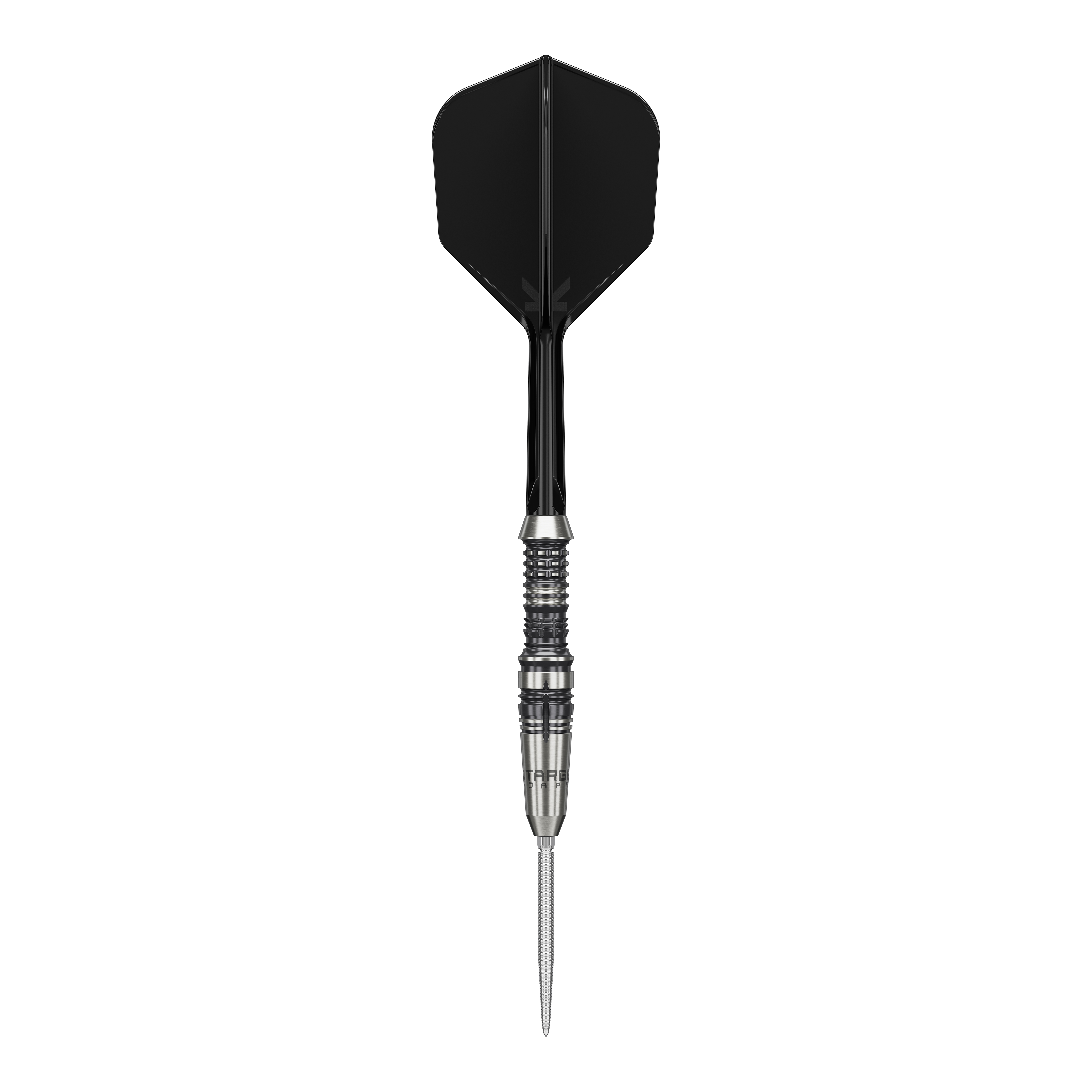 Target Japón Marca Negra Heracles Steeldarts Dieses Bild zeigt einen Target Japan Black Marque Heracles Steeldart. Der Dart hat eine schwarze Flight und einen silbernen, gerillten Barrel.