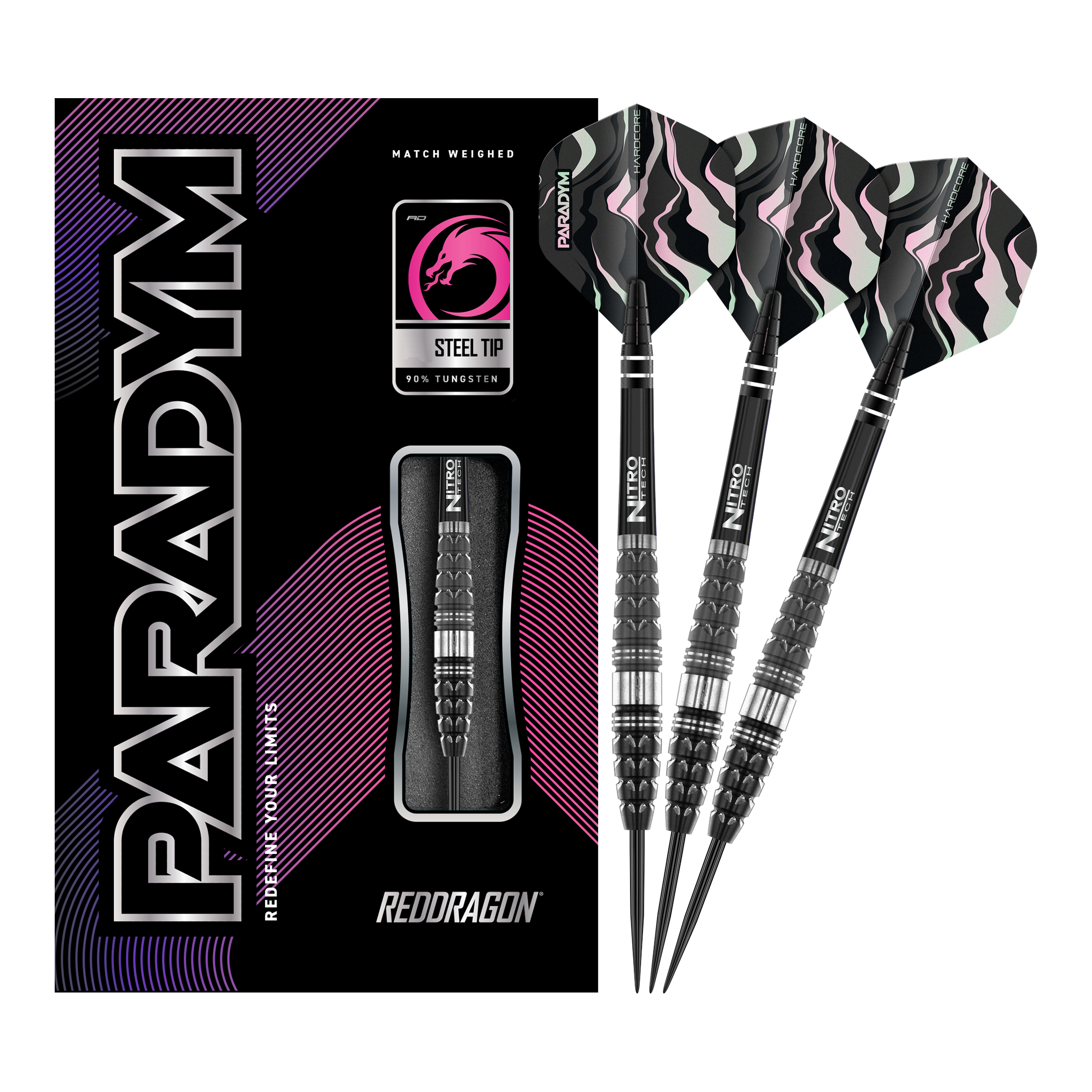 Dardos de acero Red Dragon Paradym Torpedo Das Bild zeigt die Red Dragon Paradym Torpedo Steeldarts zusammen mit ihrer Verpackung. Die Darts haben ein schwarz-silbernes Design und sind für Präzision und Langlebigkeit bekannt.